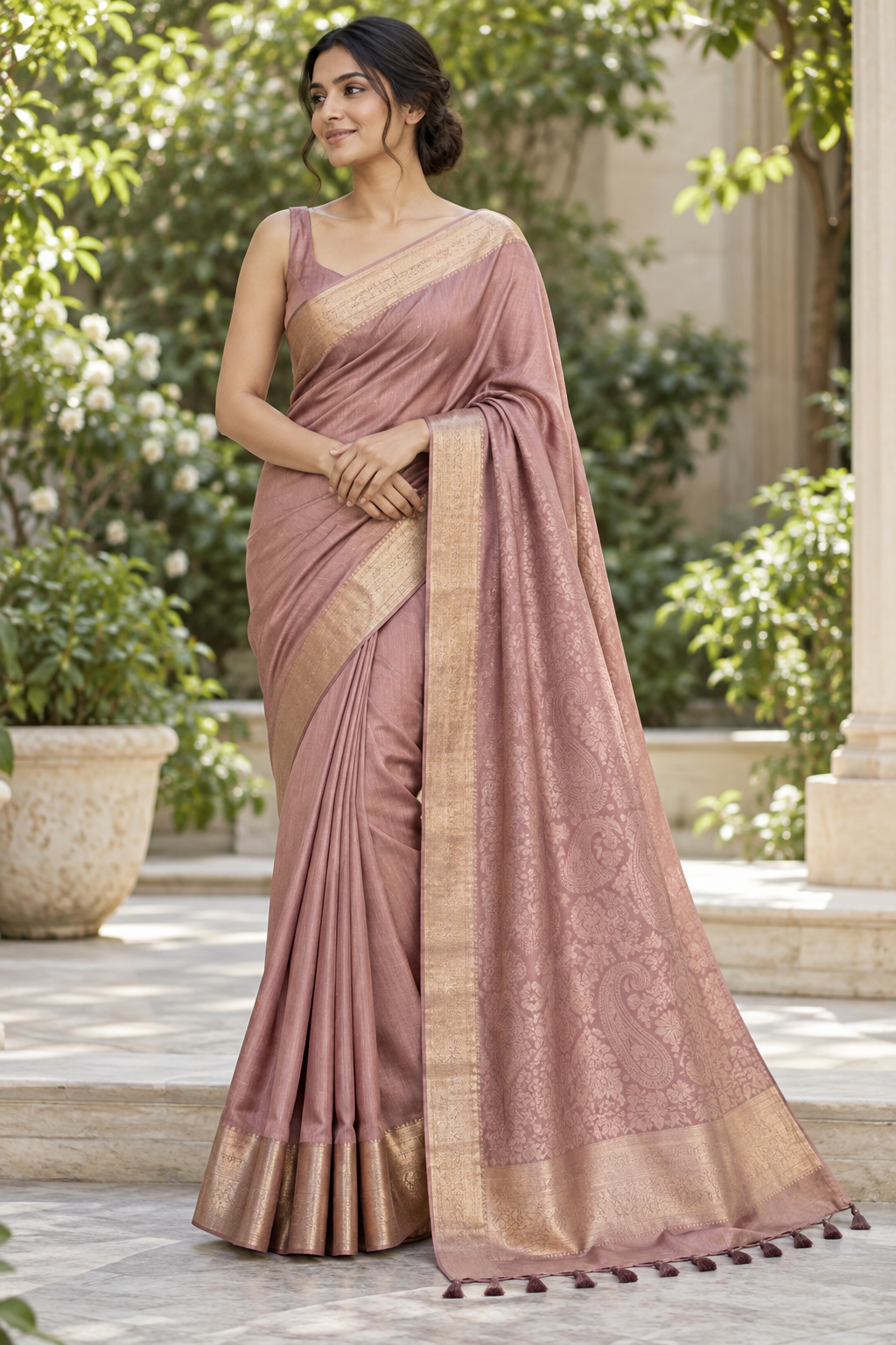 Dusky Mauve Pink Silk Saree with Antique Gold Zari Paisley Pallu & Woven Border