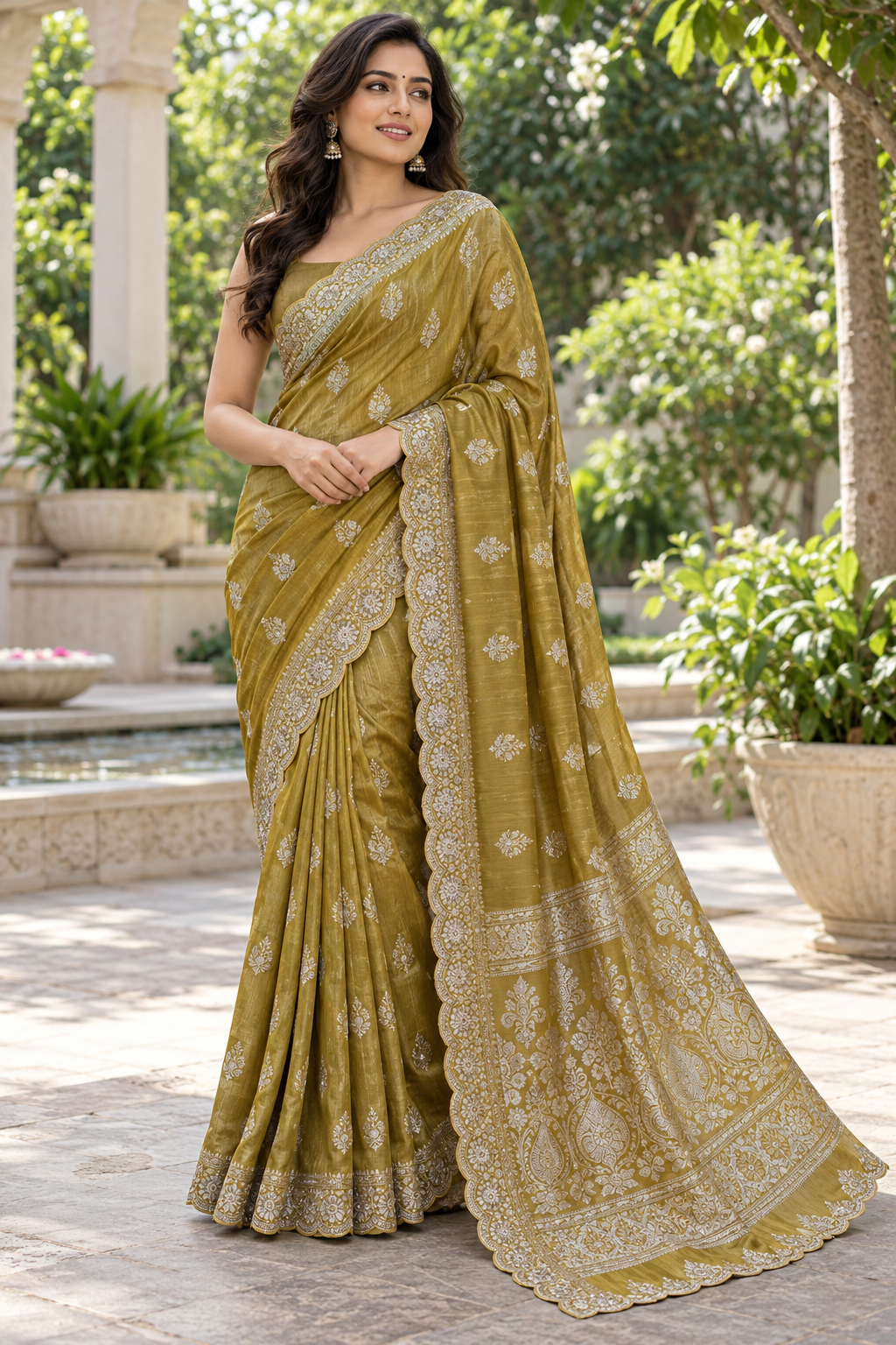 Olive Green Tissue Silk Saree with Silver Zardozi Floral Motifs & Scalloped Cutwork Border