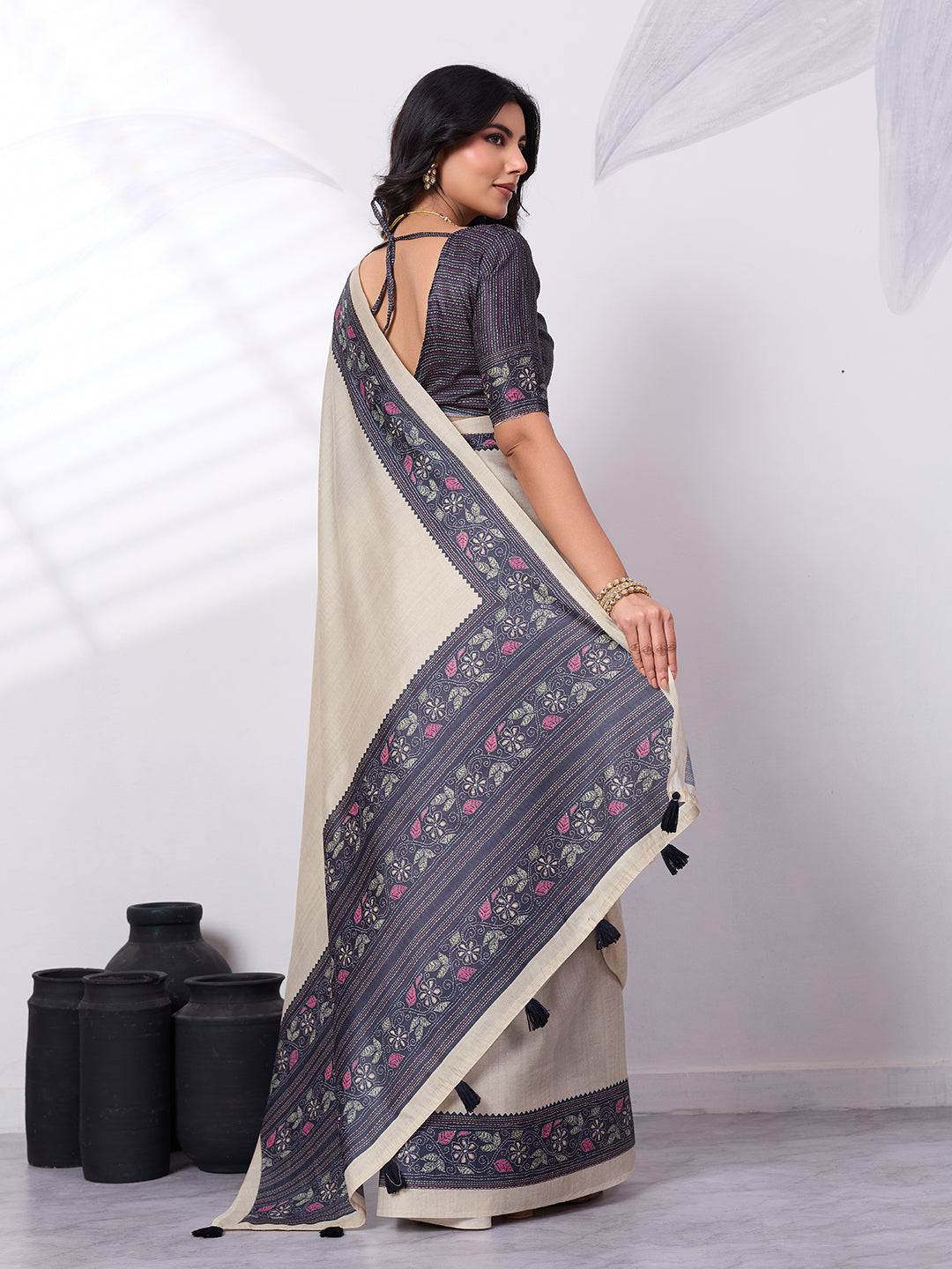 Satin Tussar Saree with Embroidery-Style Digital Print