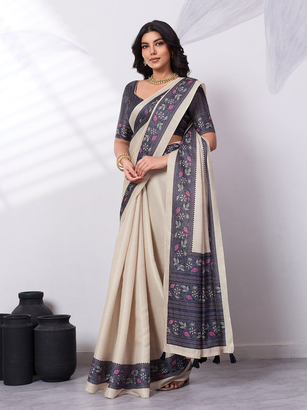 Satin Tussar Saree with Embroidery-Style Digital Print