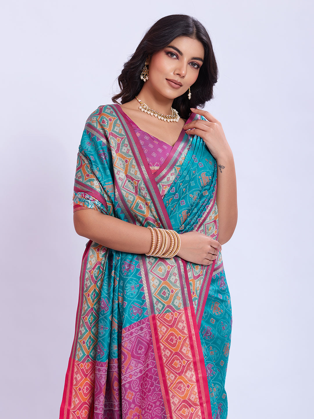 Ikat Patola Art Silk Saree with Zari Border