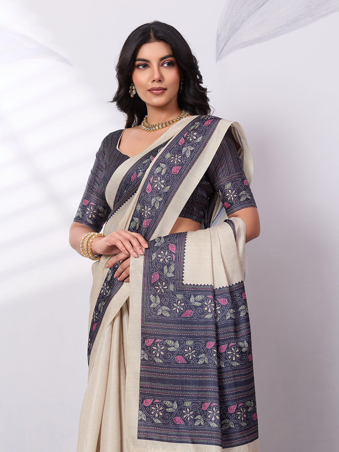 Satin Tussar Saree with Embroidery-Style Digital Print