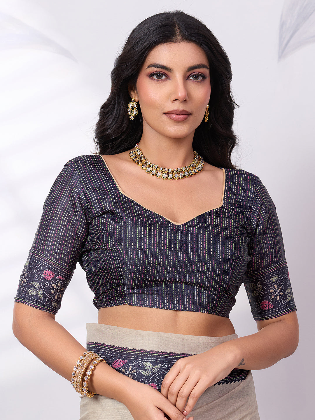 Satin Tussar Saree with Embroidery-Style Digital Print