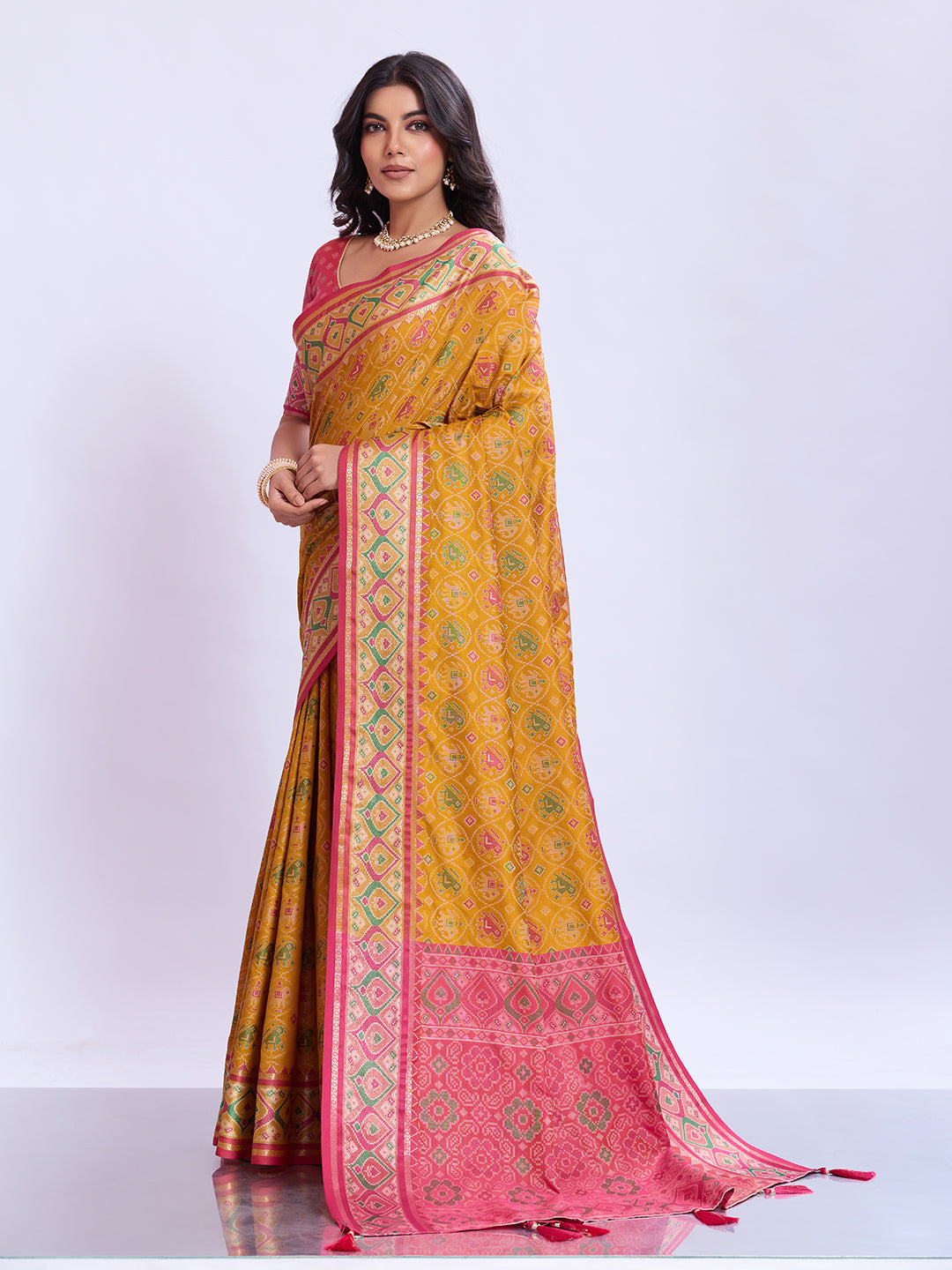 Ikat Patola Art Silk Saree with Zari Border