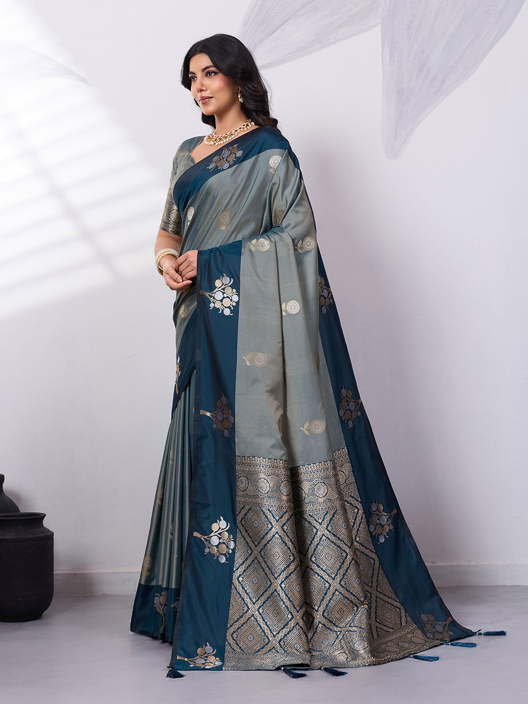 Banarasi Soft Silk Saree with Contrast Zari Border