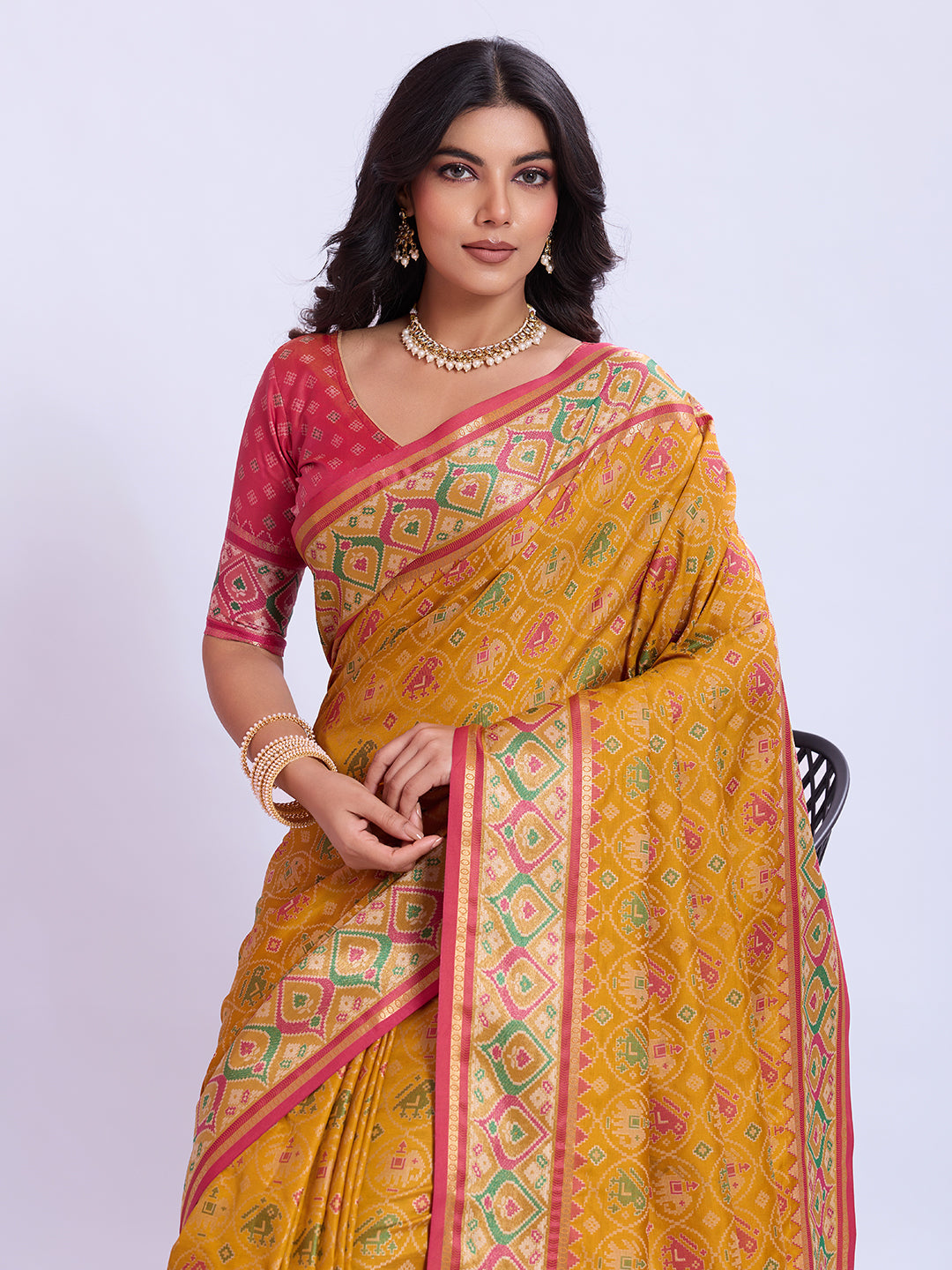 Ikat Patola Art Silk Saree with Zari Border
