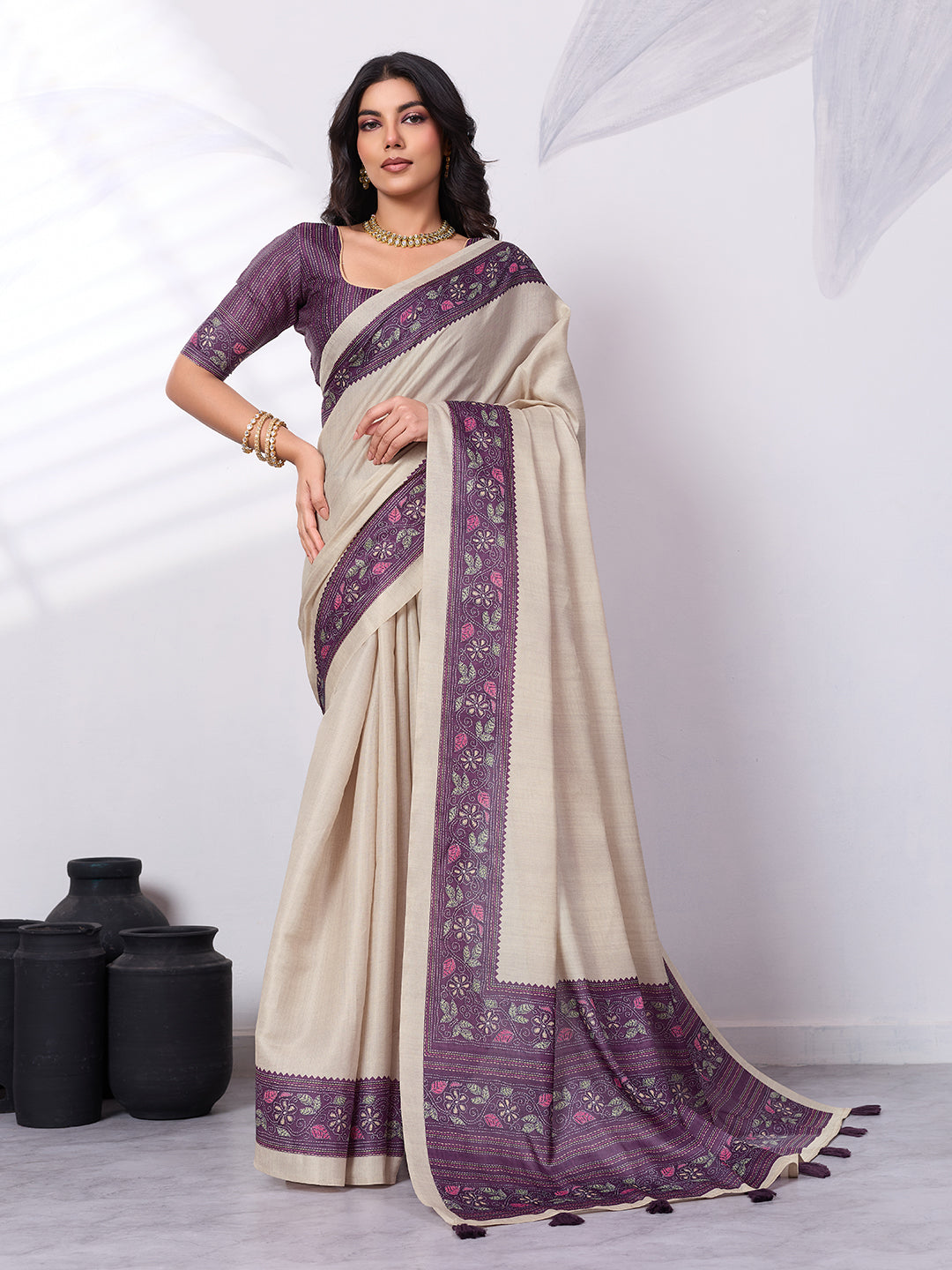 Satin Tussar Saree with Embroidery-Style Digital Print