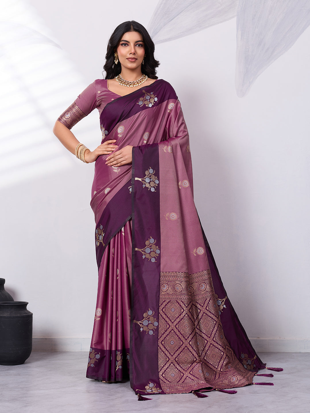 Banarasi Soft Silk Saree with Contrast Zari Border