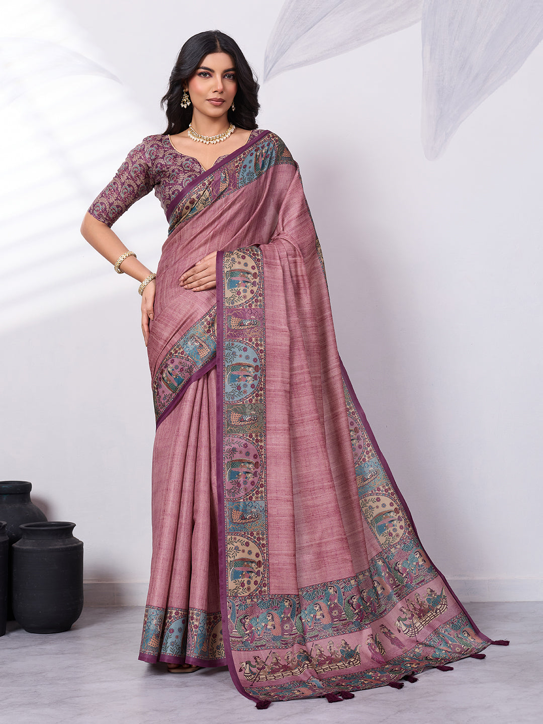 Madhubani Digital Printed Satin Tussar Saree