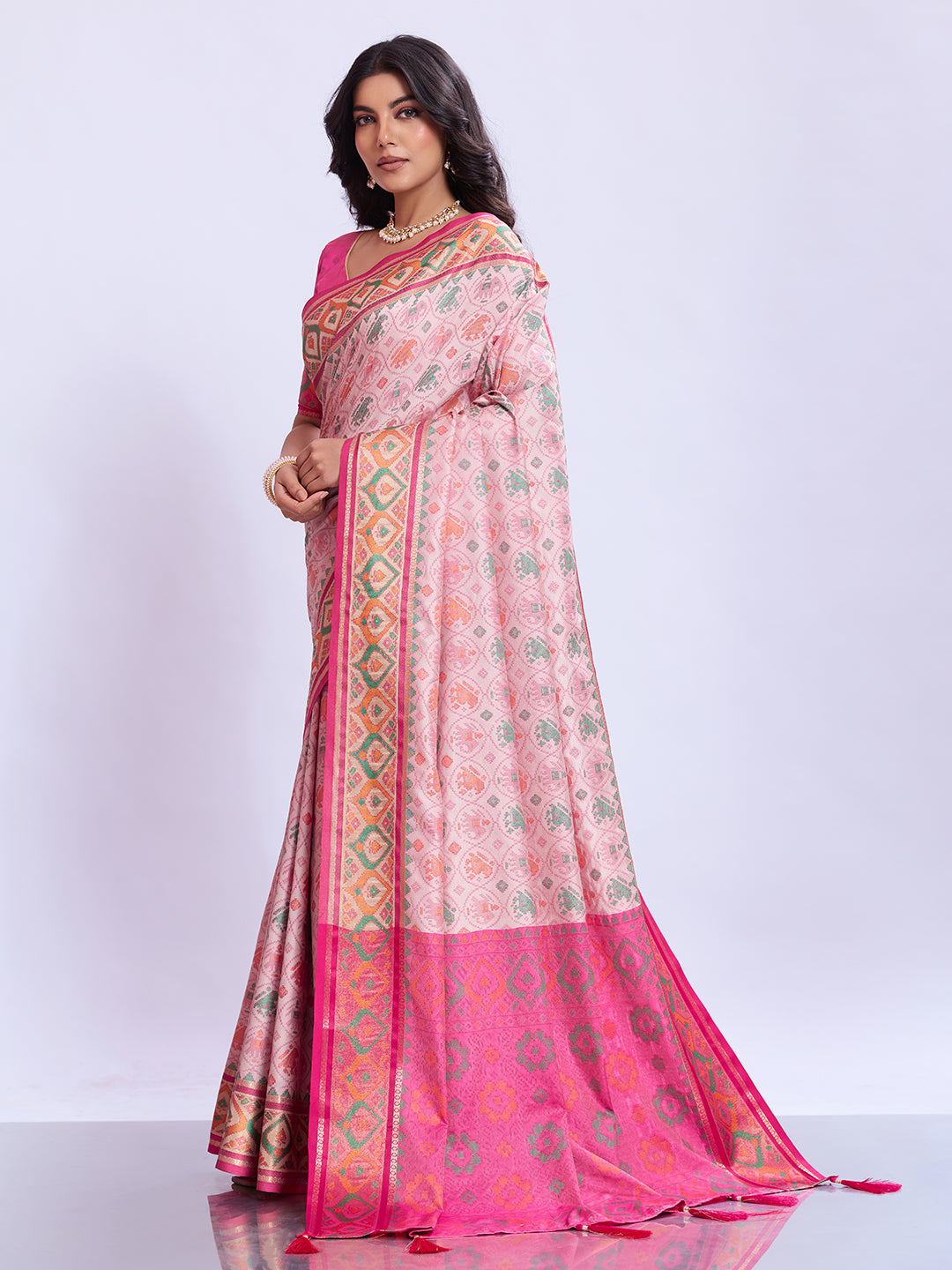 Ikat Patola Art Silk Saree with Zari Border