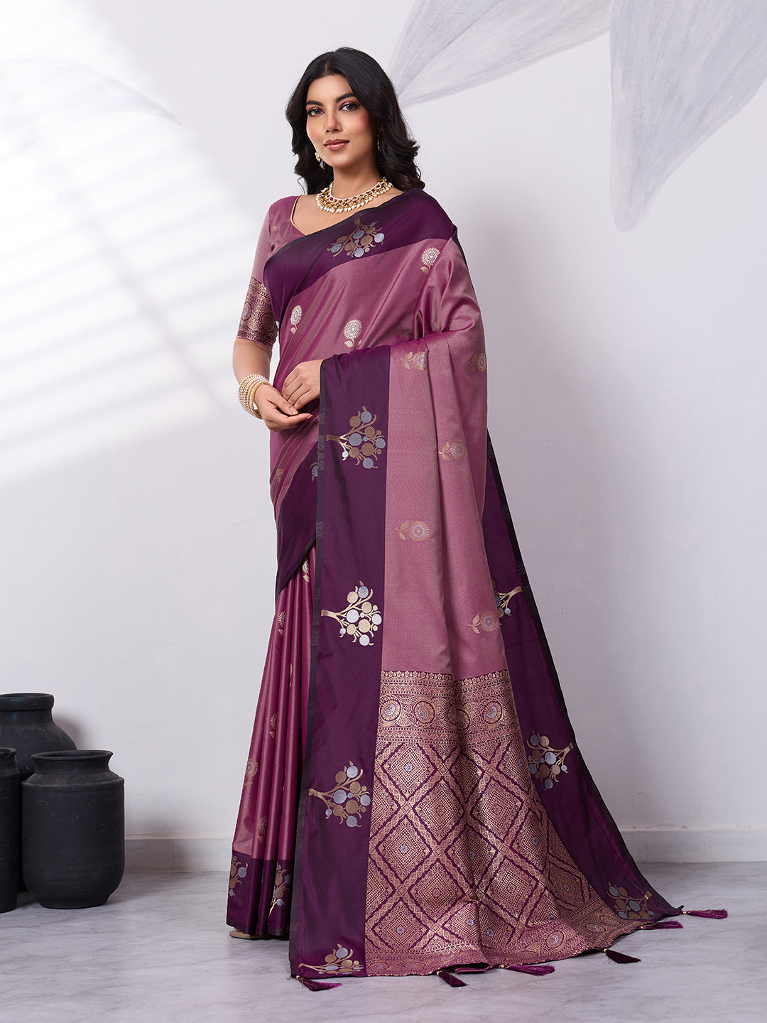 Banarasi Soft Silk Saree with Contrast Zari Border