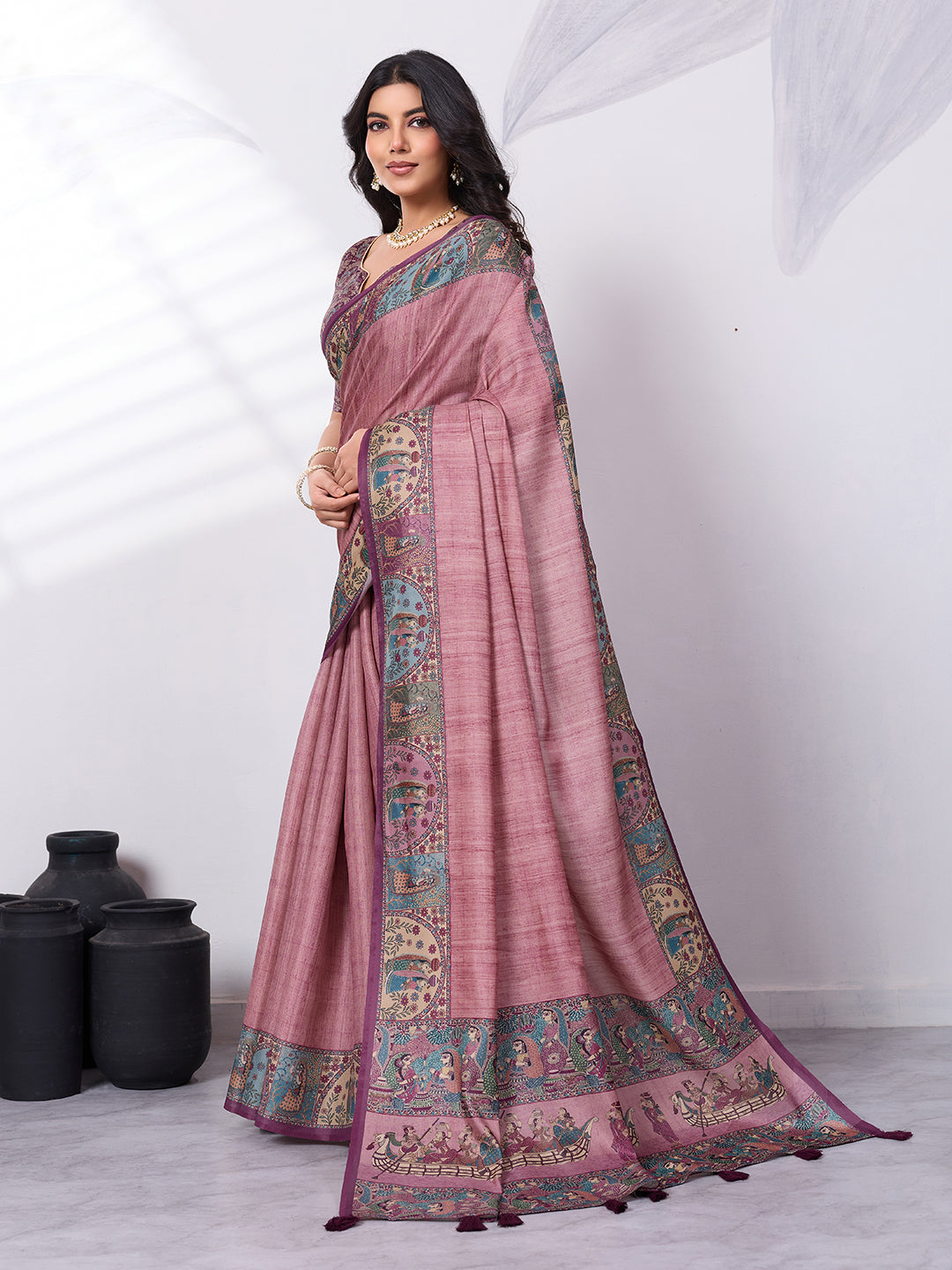 Madhubani Digital Printed Satin Tussar Saree