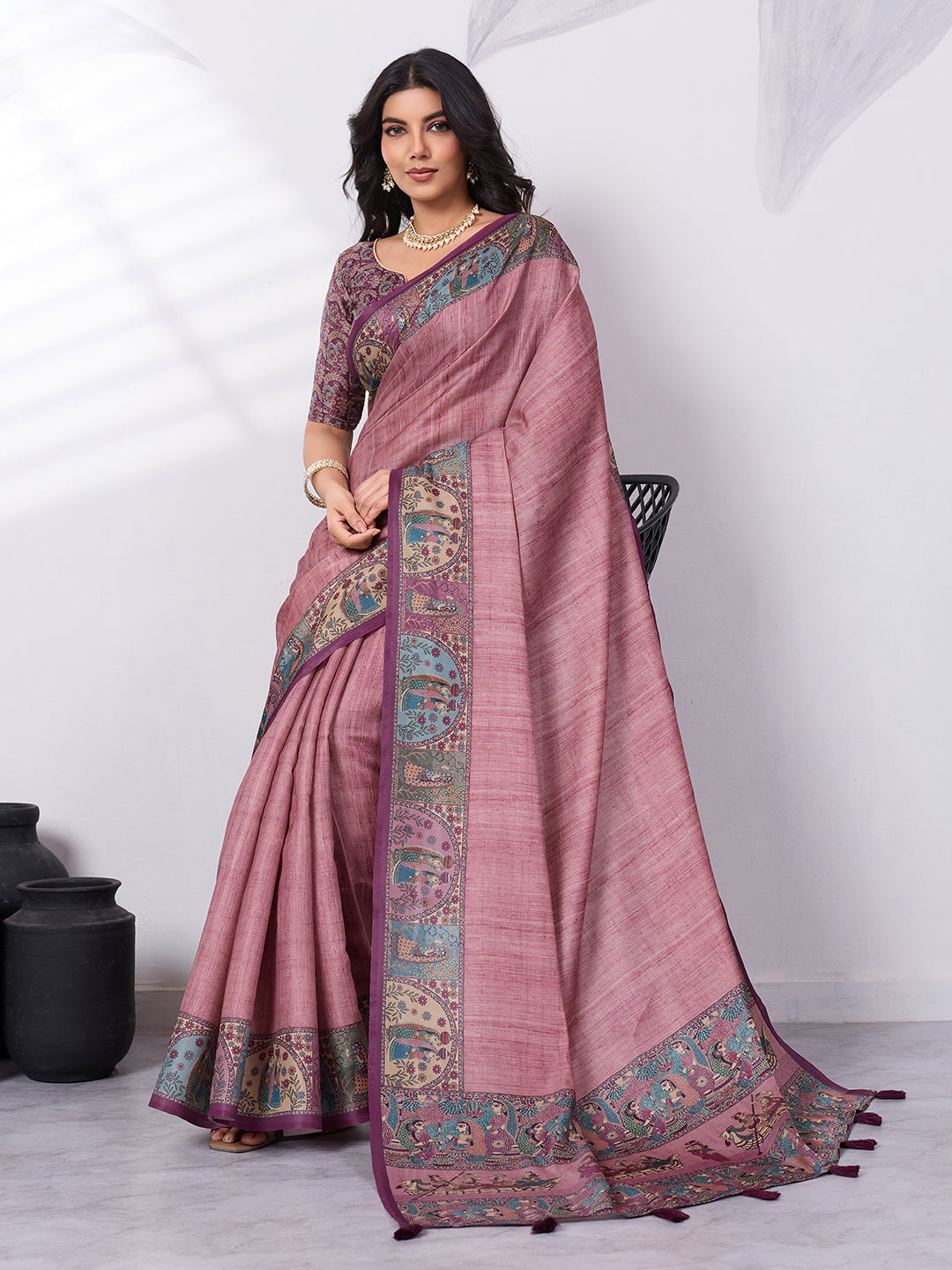 Madhubani Digital Printed Satin Tussar Saree