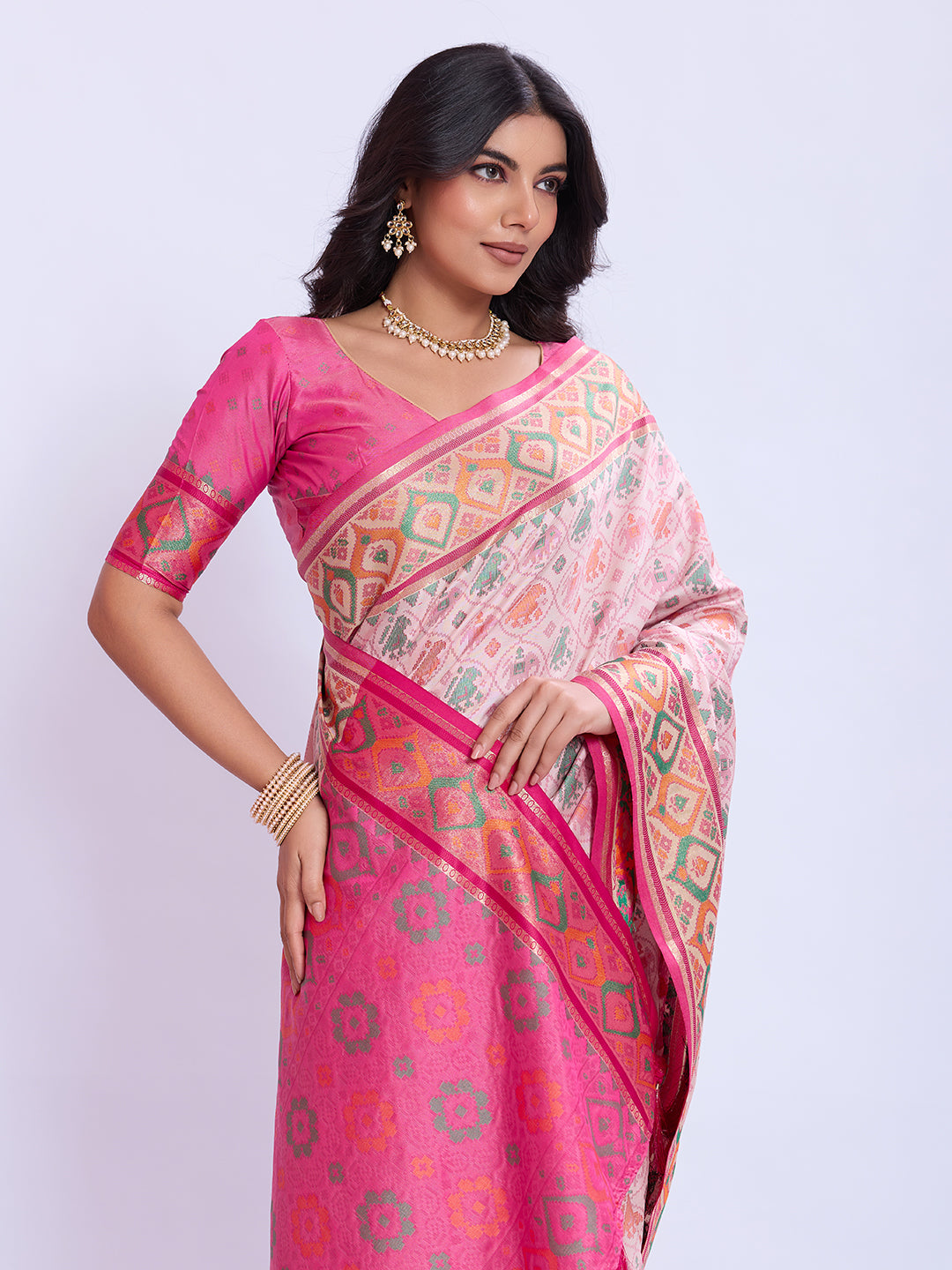 Ikat Patola Art Silk Saree with Zari Border