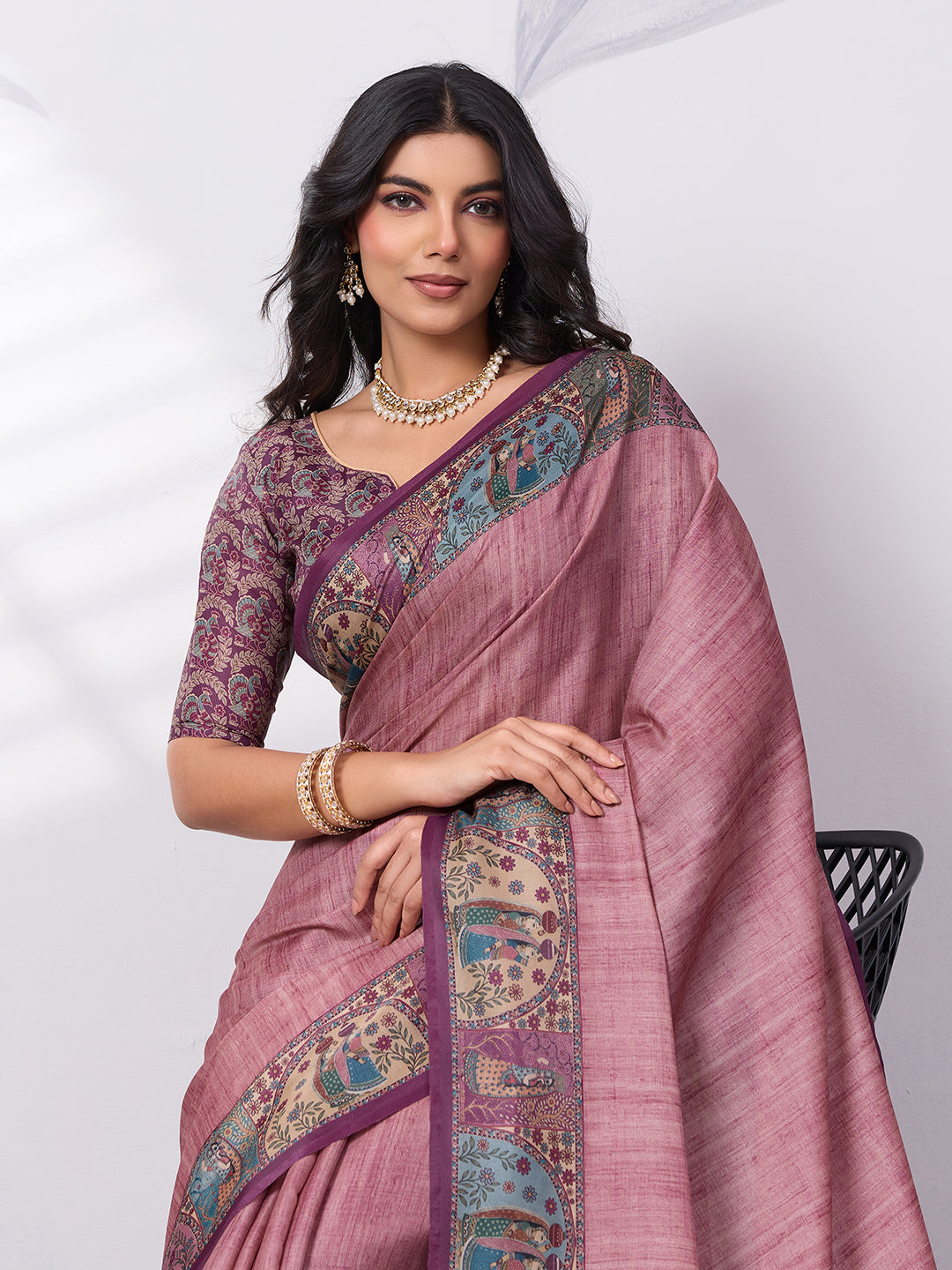 Madhubani Digital Printed Satin Tussar Saree