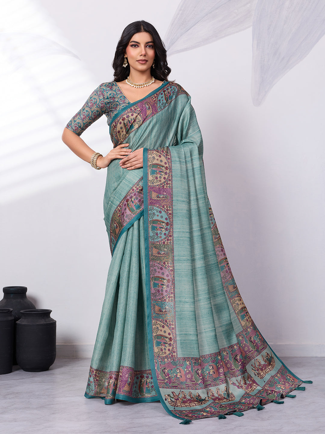 Madhubani Digital Printed Satin Saree