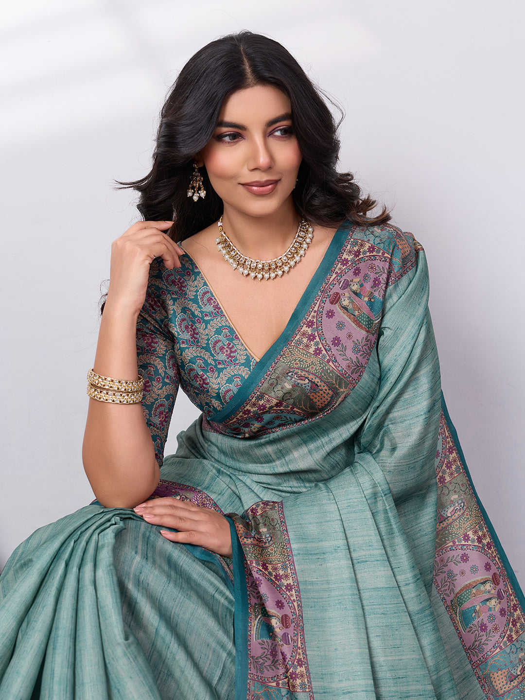 Madhubani Digital Printed Satin Saree
