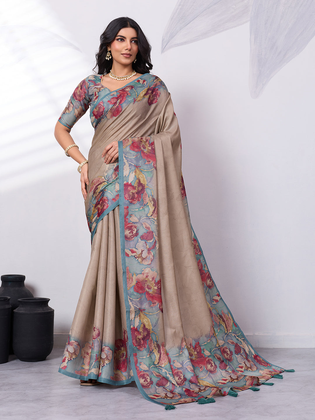 Printed Satin Tussar Saree Main image