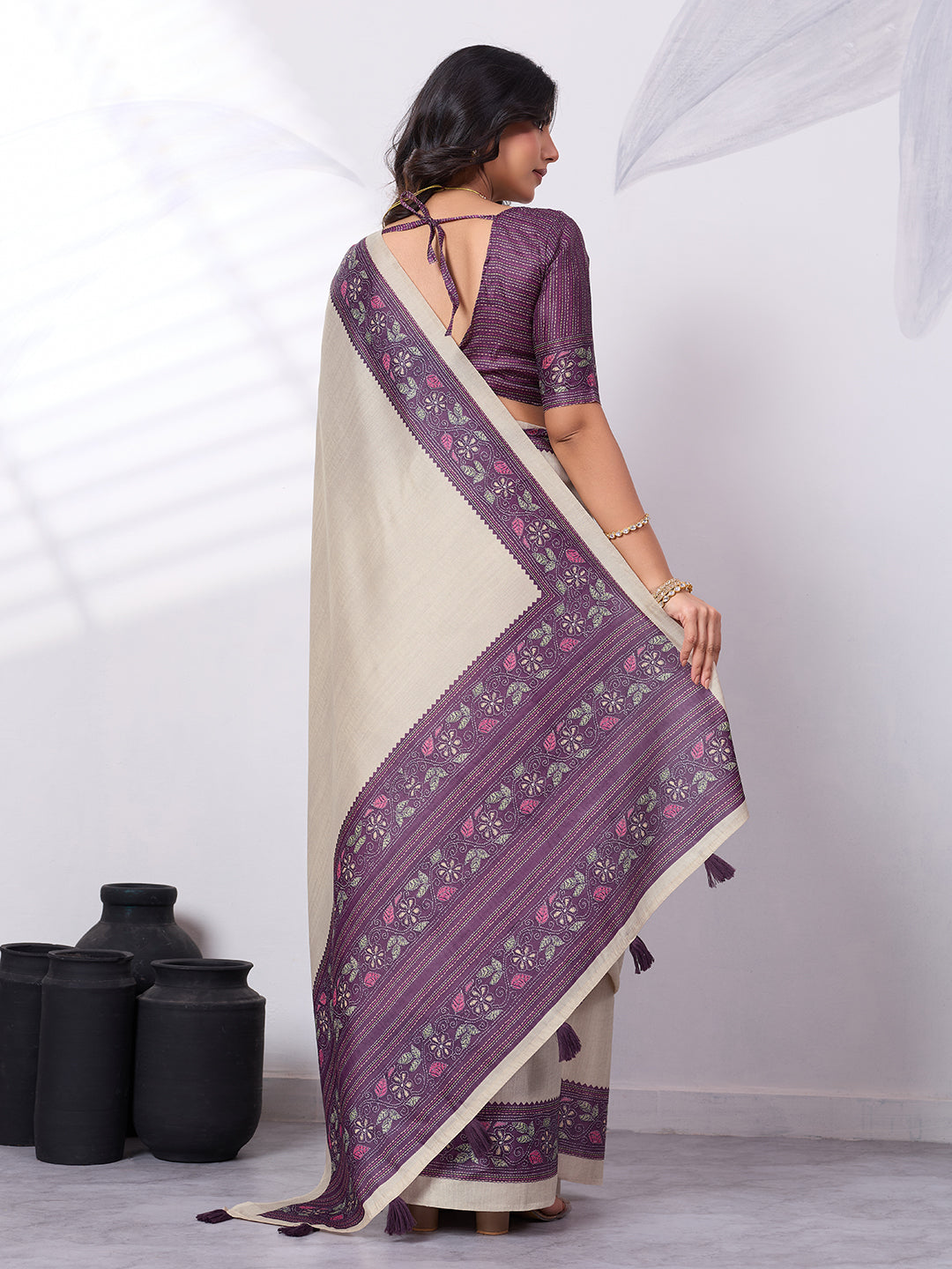 Satin Tussar Saree with Embroidery-Style Digital Print