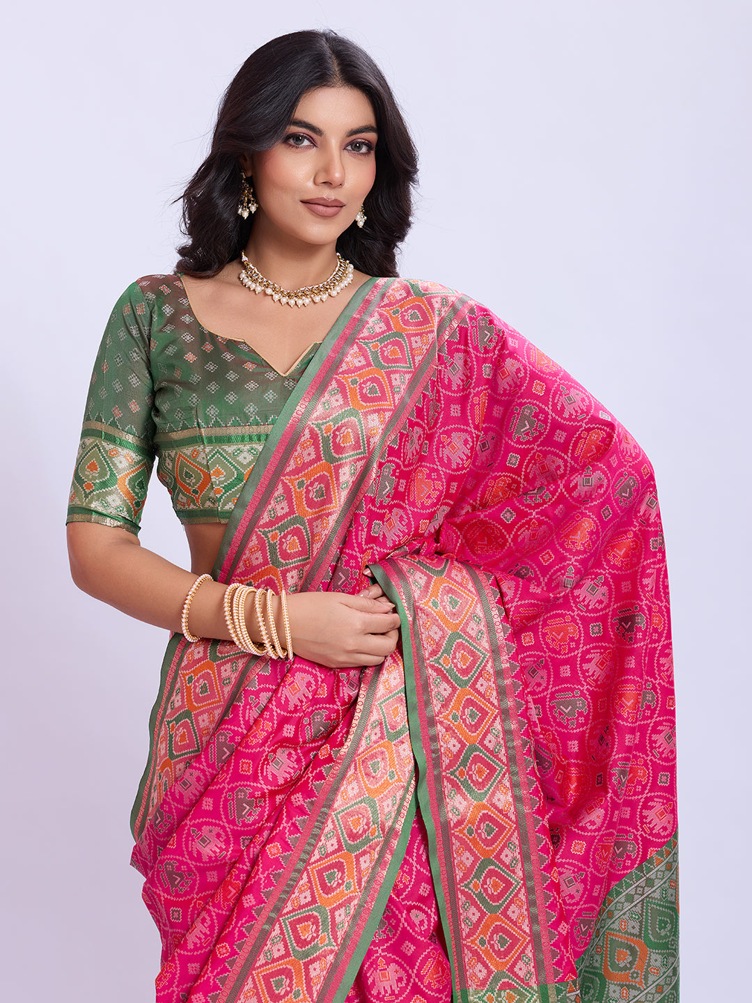 Ikat Patola Art Silk Saree with Zari Border