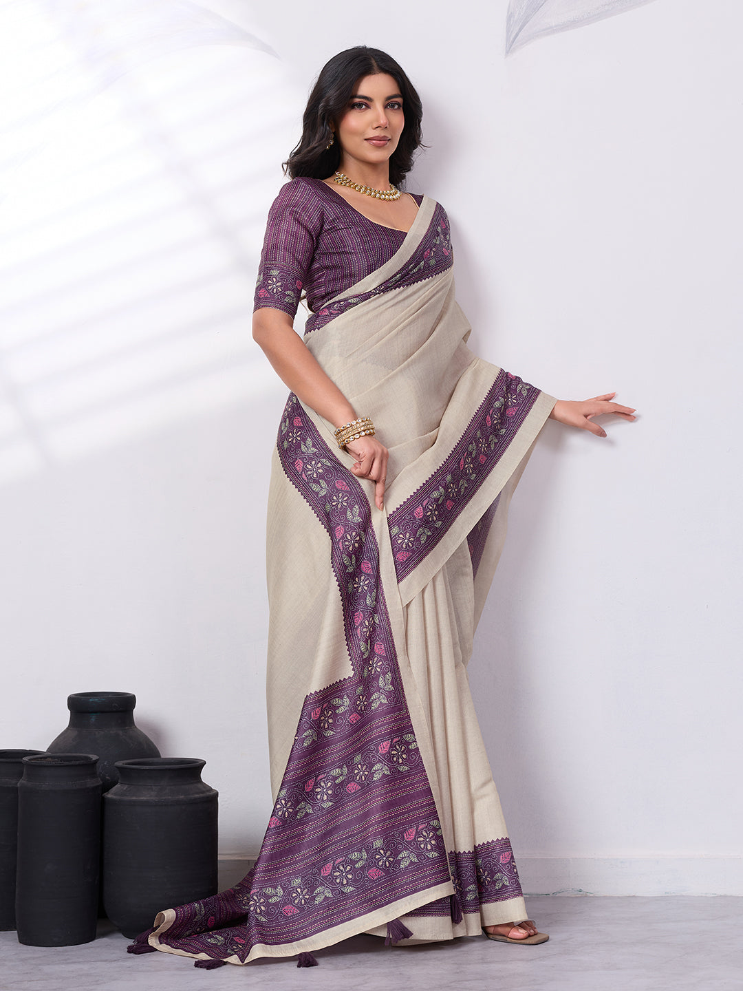 Satin Tussar Saree with Embroidery-Style Digital Print