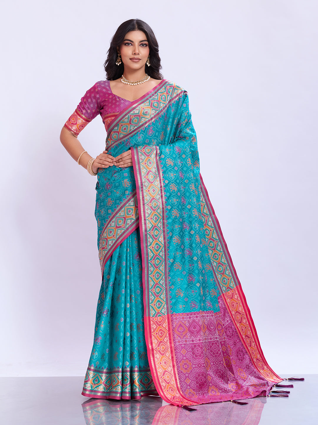 Ikat Patola Art Silk Saree with Zari Border