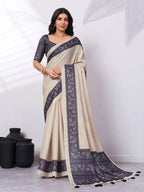 Satin Tussar Saree with Embroidery-Style Digital Print