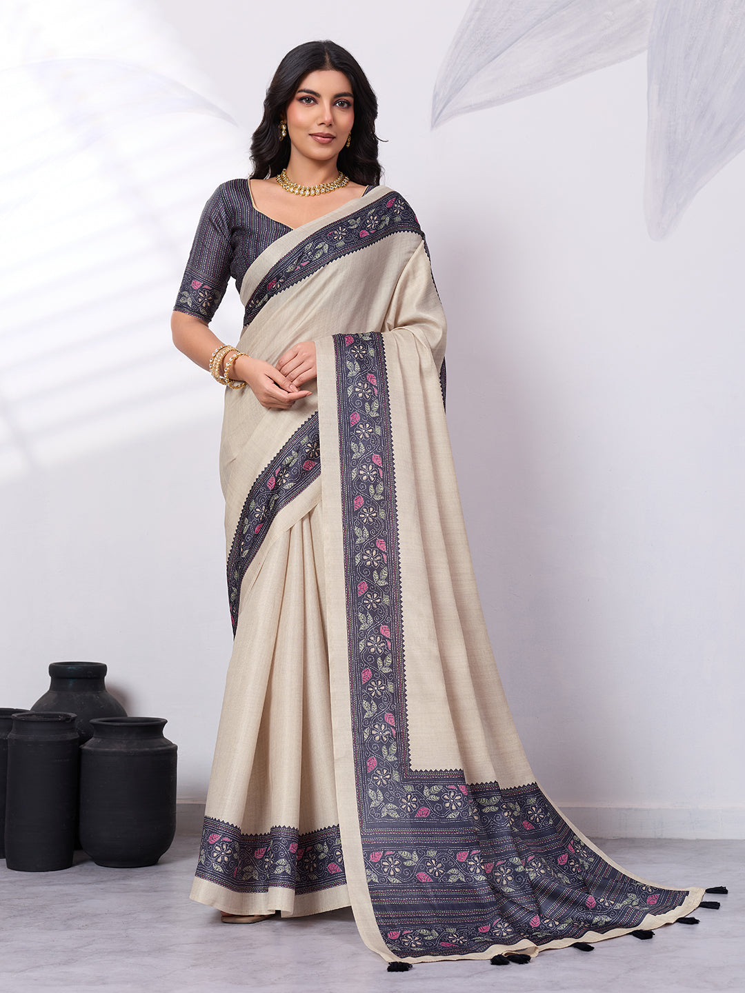 Satin Tussar Saree with Embroidery-Style Digital Print