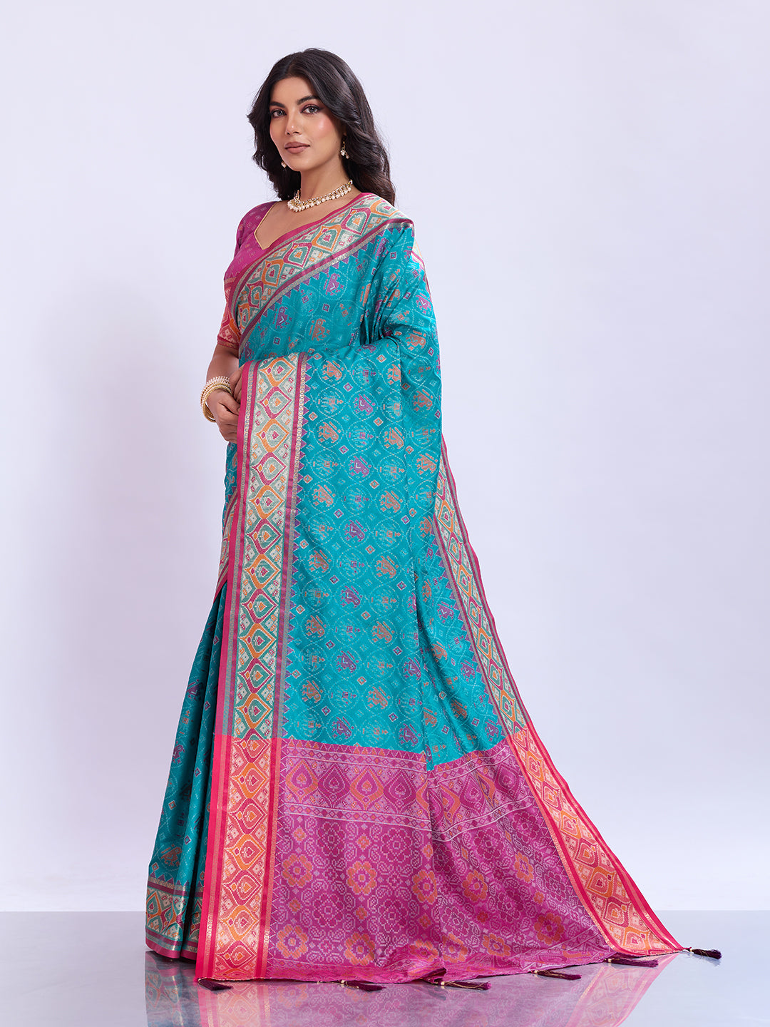 Ikat Patola Art Silk Saree with Zari Border