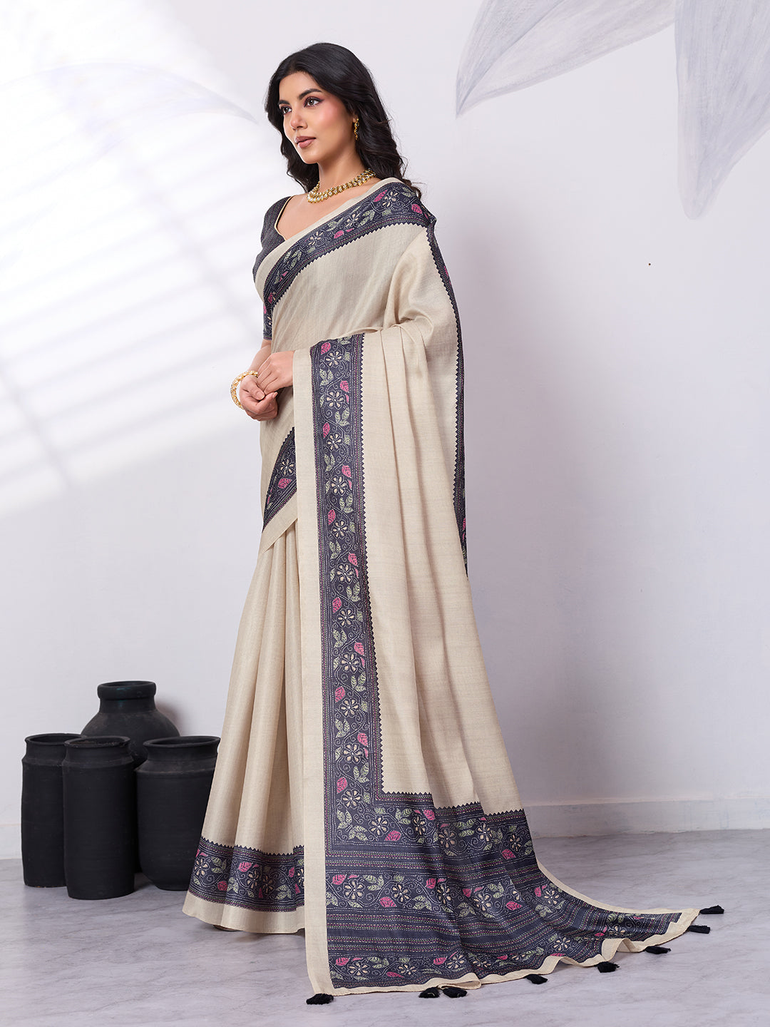 Satin Tussar Saree with Embroidery-Style Digital Print