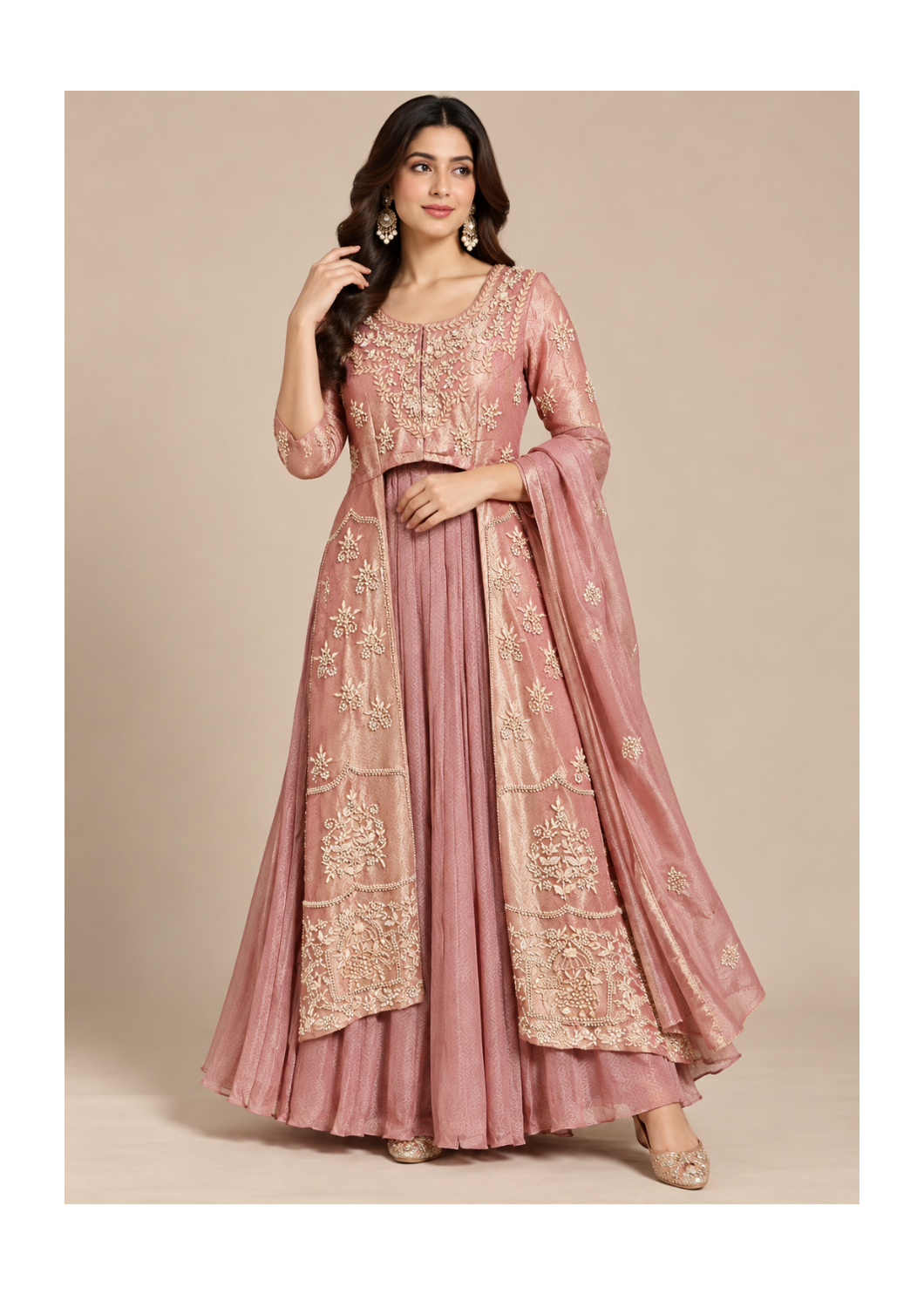Dusty Rose-Pink Pleated Gown, Embroidered Longline Jacket Main image