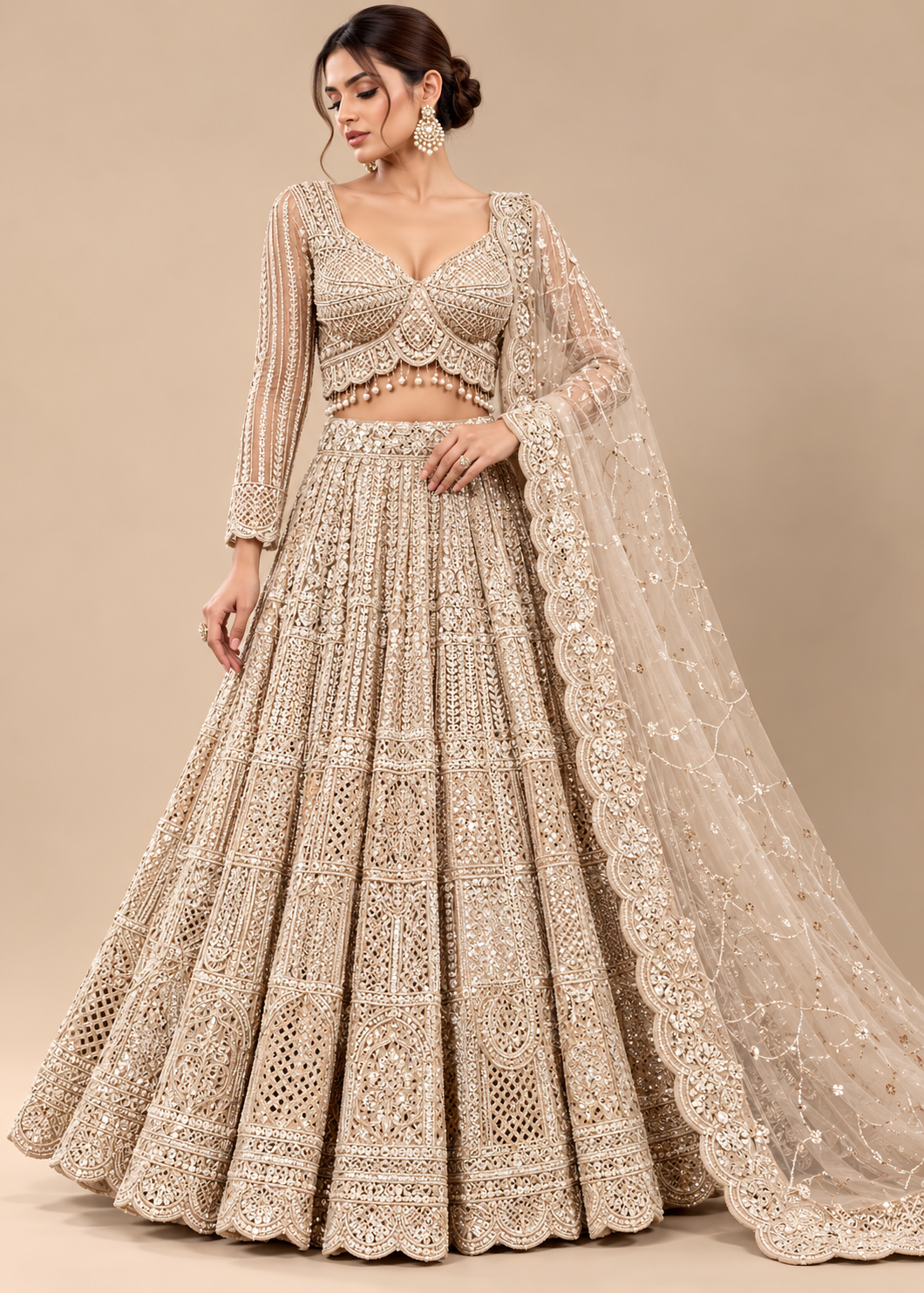 Champagne Ivory Tiered Lattice Bridal Lehenga