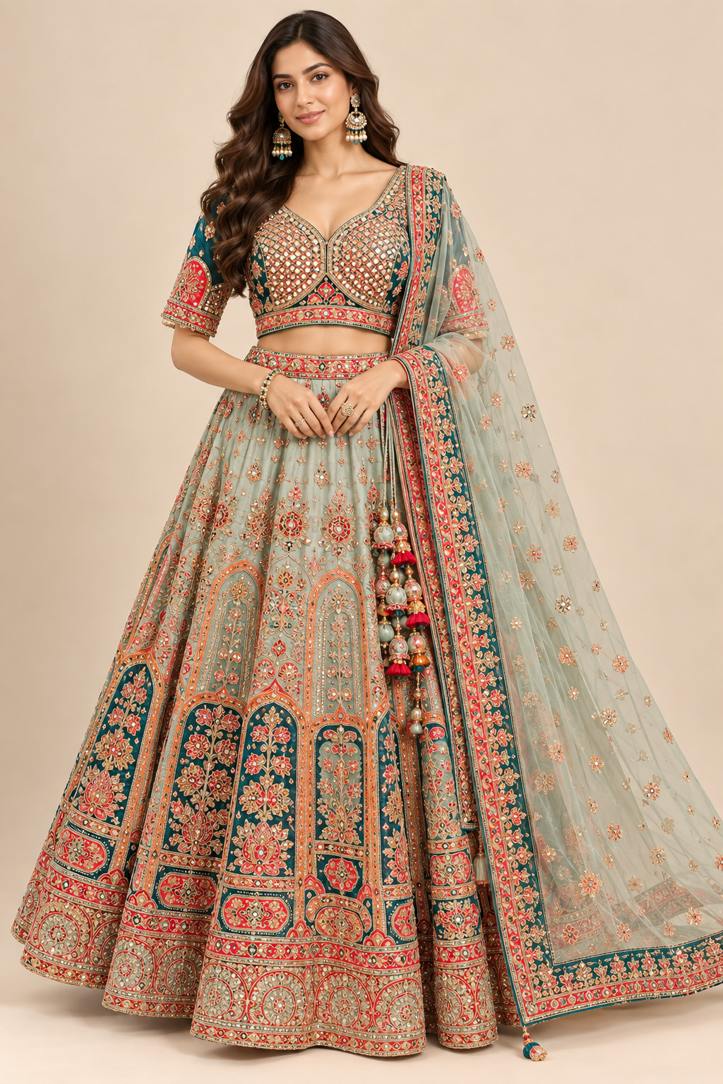 Sage Grey & Peacock Teal Heritage Hand-Embroidered Kalidar Lehenga Choli Set with Dupatta Main image