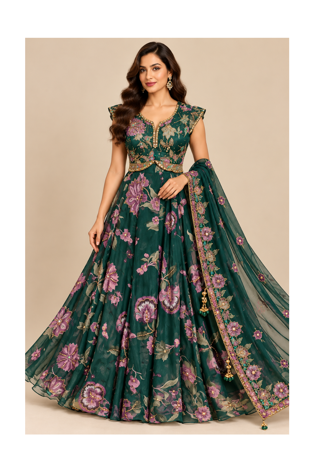 Emerald-Green Floral Printed Kalidar Gown & Dupatta Set