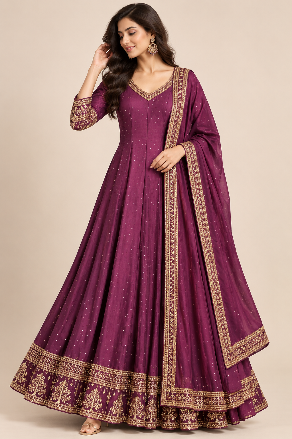 Deep Wine Hand-Embroidered Silk Kalidar Anarkali Gown Set Main image