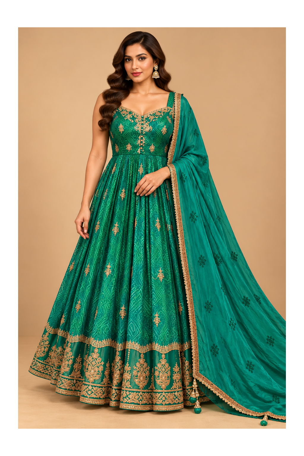 Emerald-Green Bandhani-Print Brocade Flared Gown