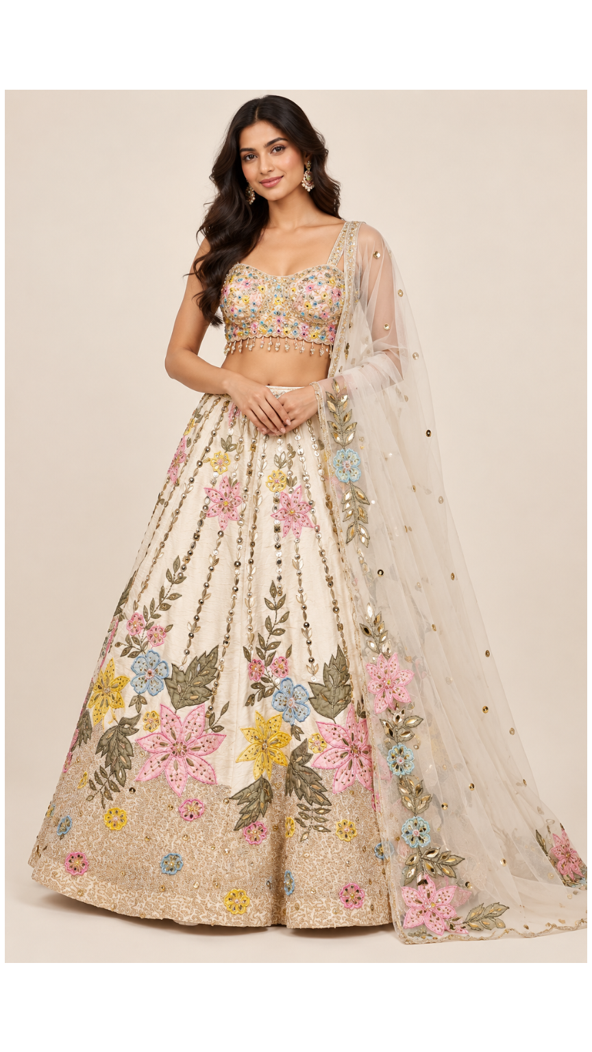 Ivory Pastel Floral Embroidered Bridal Lehenga Set