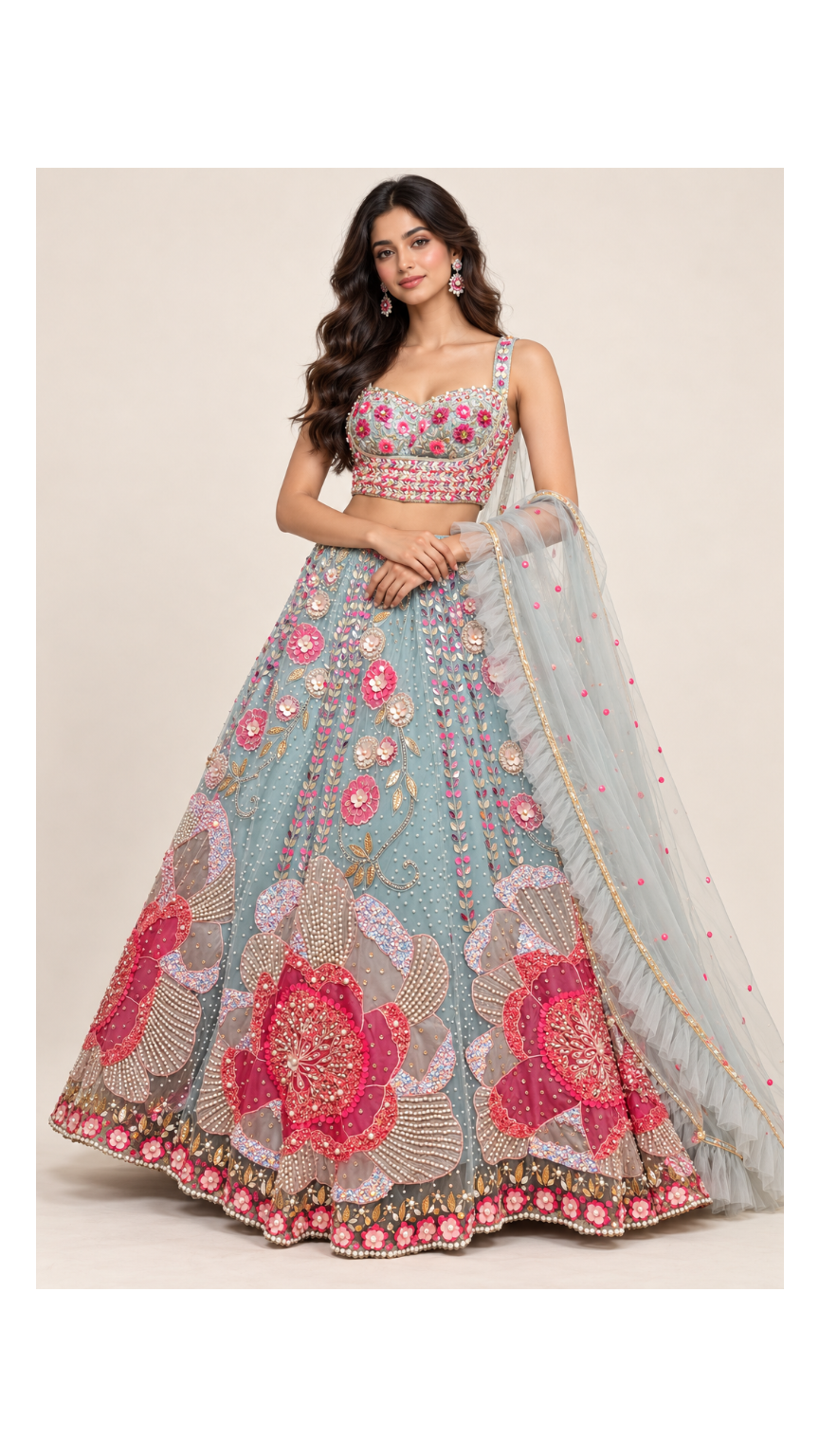 Powder Blue & Coral 3D Floral Embellished Bridal Lehenga Set Main image