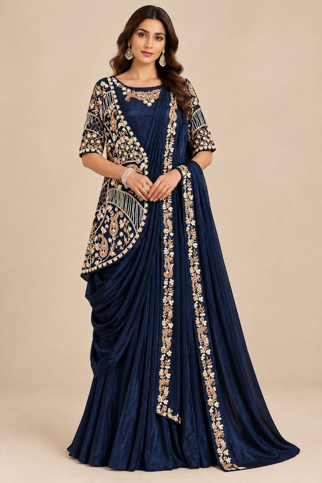 Midnight Navy Blue Pre-Draped Saree Gown with Asymmetric Embroidered Short Jacket Main image