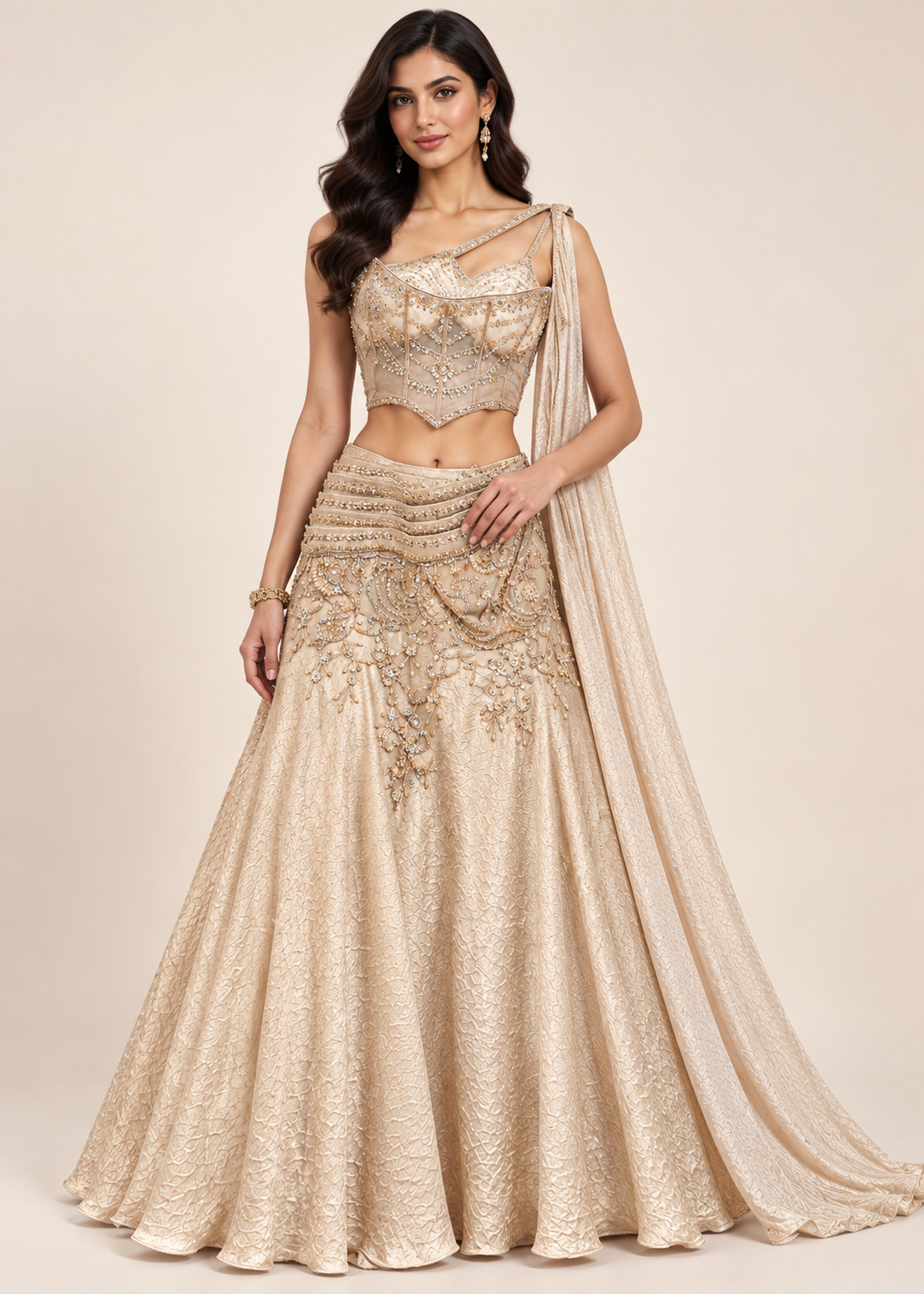 Champagne Gold Corset Lehenga Set with Asymmetrical Drape Main image