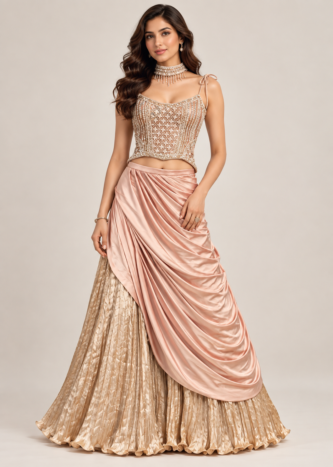 Blush Rose & Champagne Gold Pleated Fusion Lehenga Set with Draped Cowl &amp; Choker