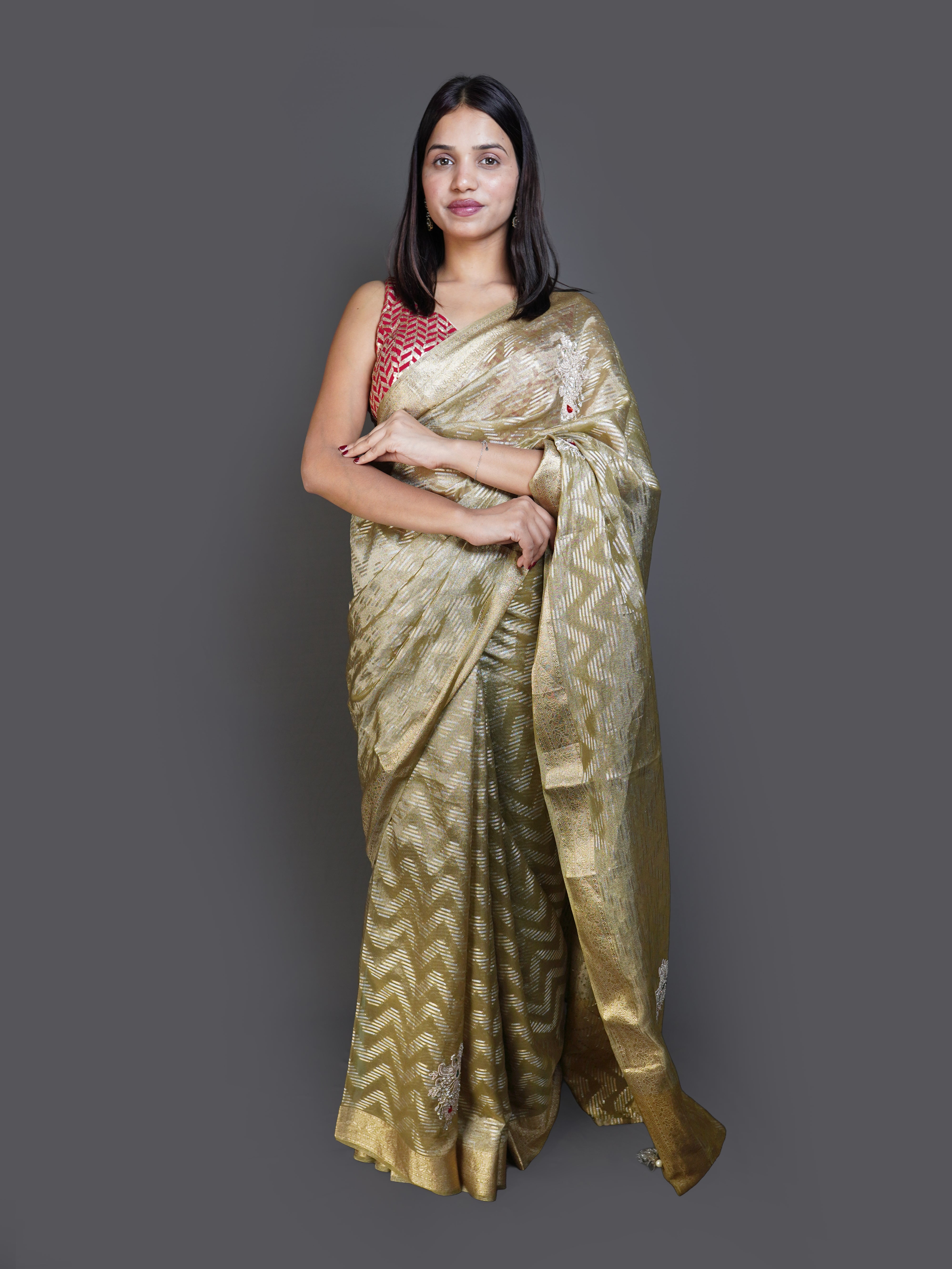 Metallic Gold Woven Saree with Chevron Pattern (BF-1763 B-118) Main image