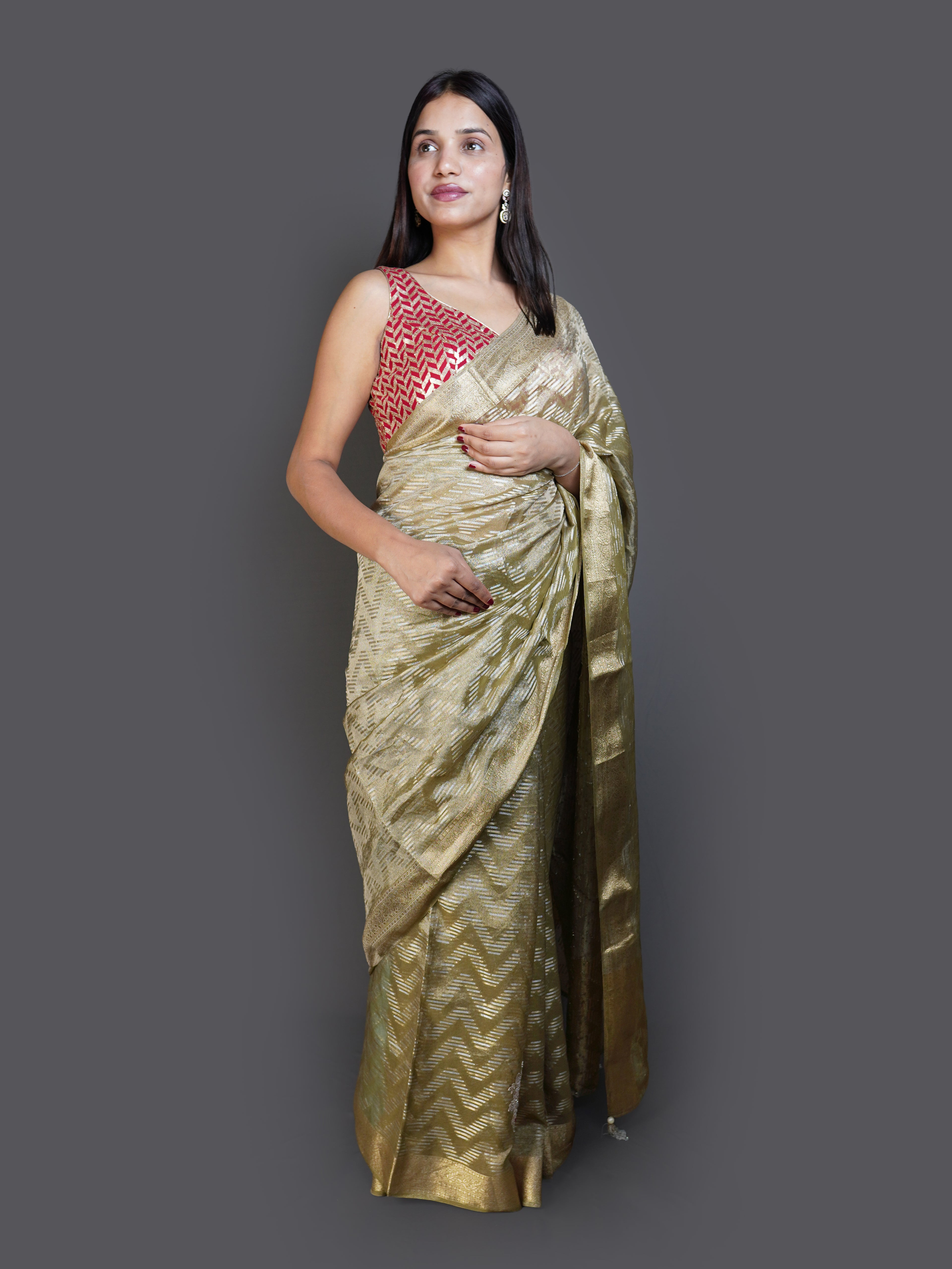 Metallic Gold Woven Saree with Chevron Pattern (BF-1763 B-118)