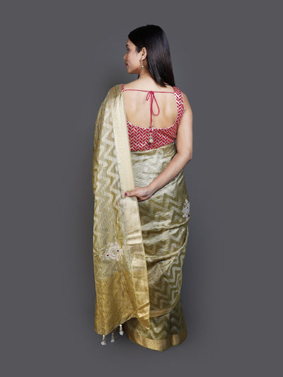 Metallic Gold Woven Saree with Chevron Pattern (BF-1763 B-118)