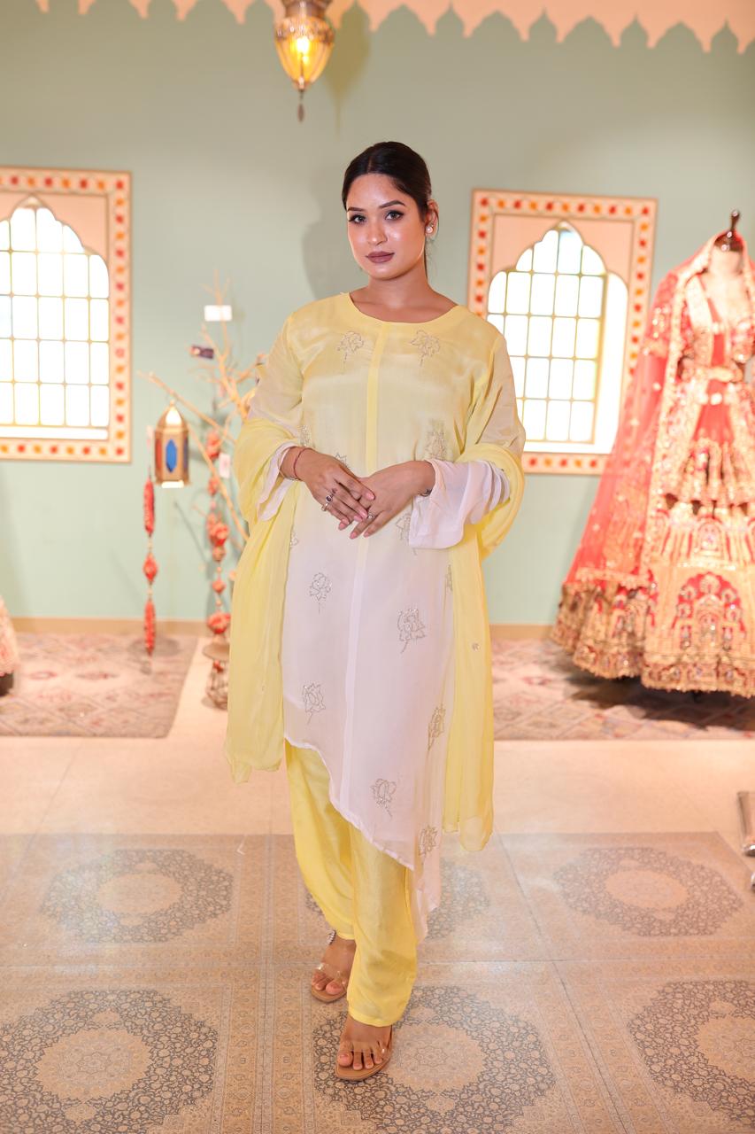 Pastel Yellow and White Embroidered Kurta Set with Dupatta