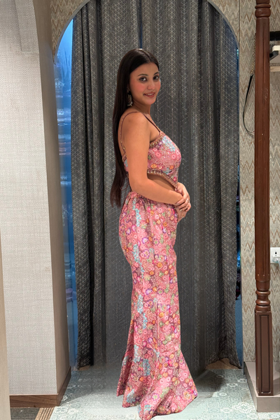 Vibrant Floral Print Pants with Crop Top (3476 M-108)