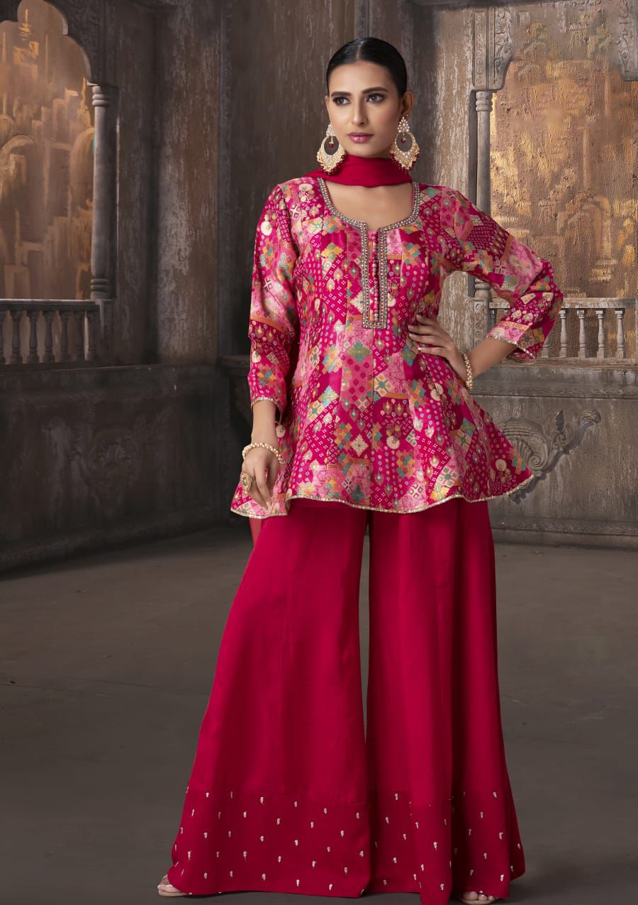 Elegant Raspberry Raw Silk Peplum Kurti with Palazzo and Dupatta Set