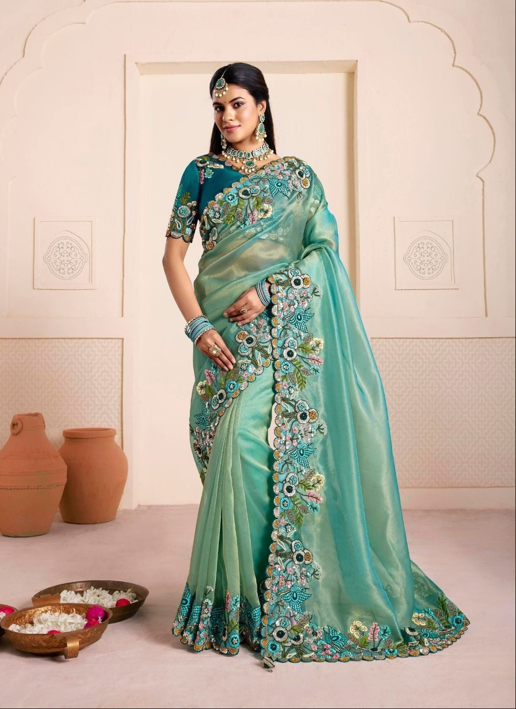 Buy Seafoam Jalina Organza Saree with Floral Embroidery Online for Women