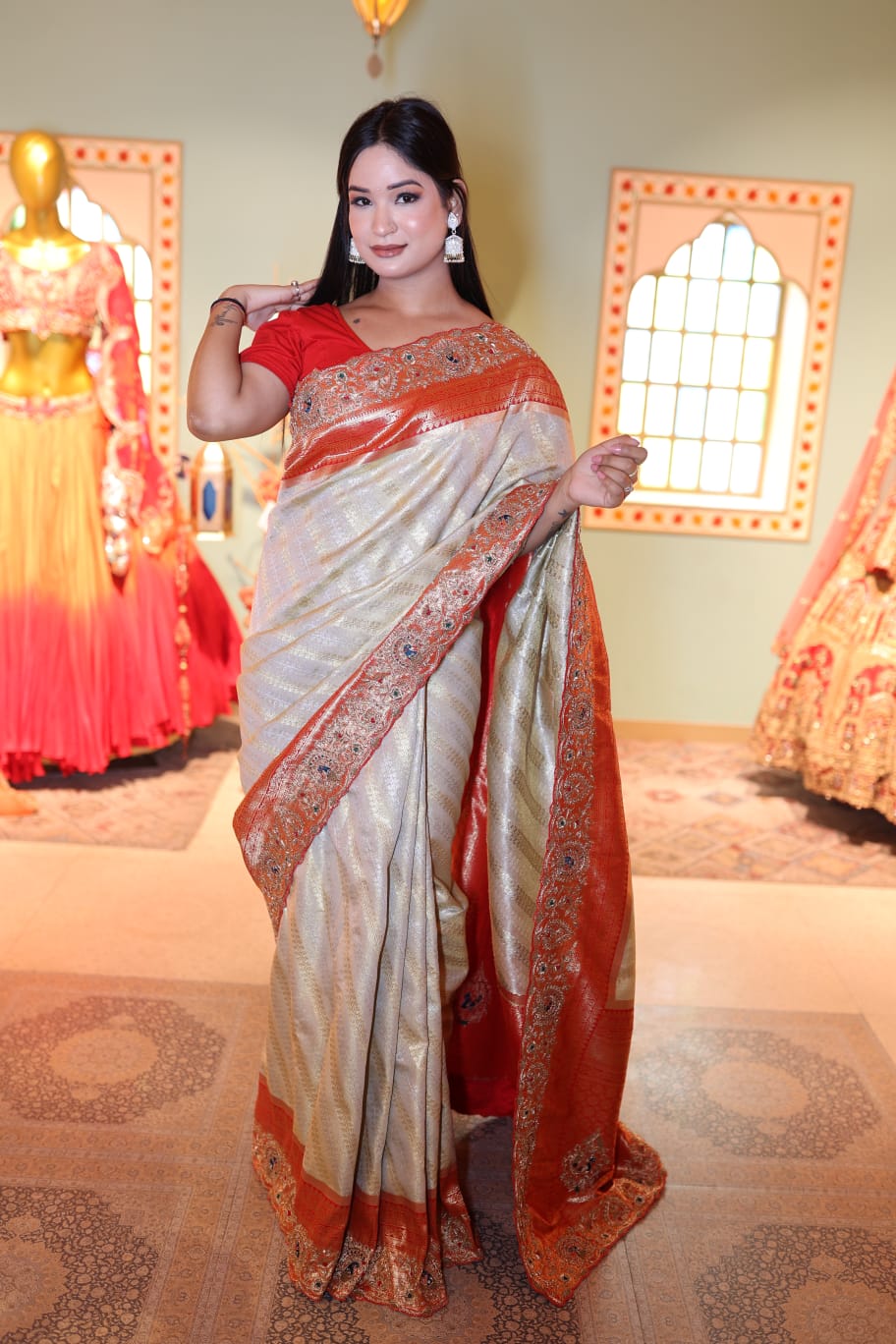 Exquisite Red and Cream Kanjivaram Silk Saree