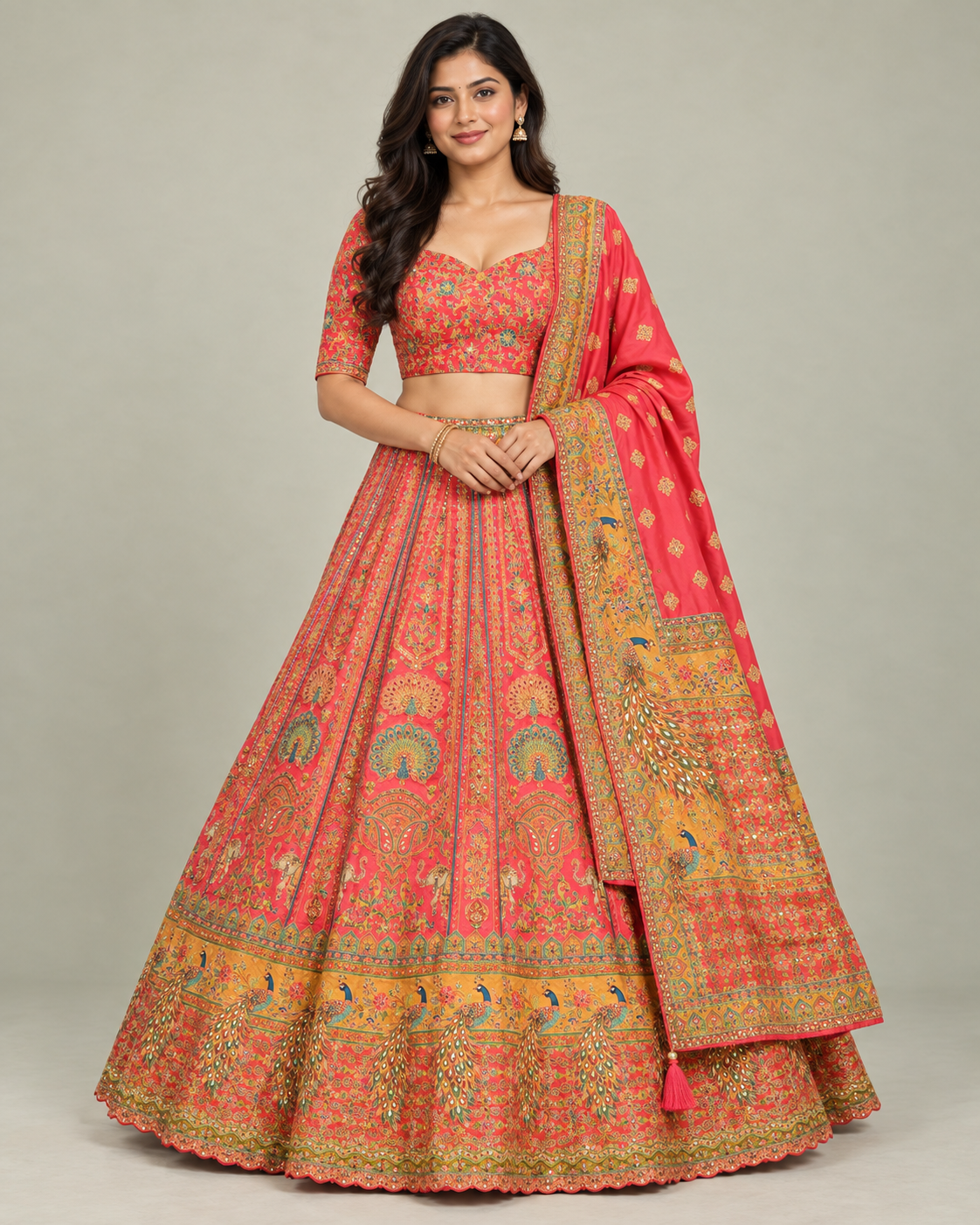 Coral Red Heritage Peacock Printed Silk Lehenga Choli Main image